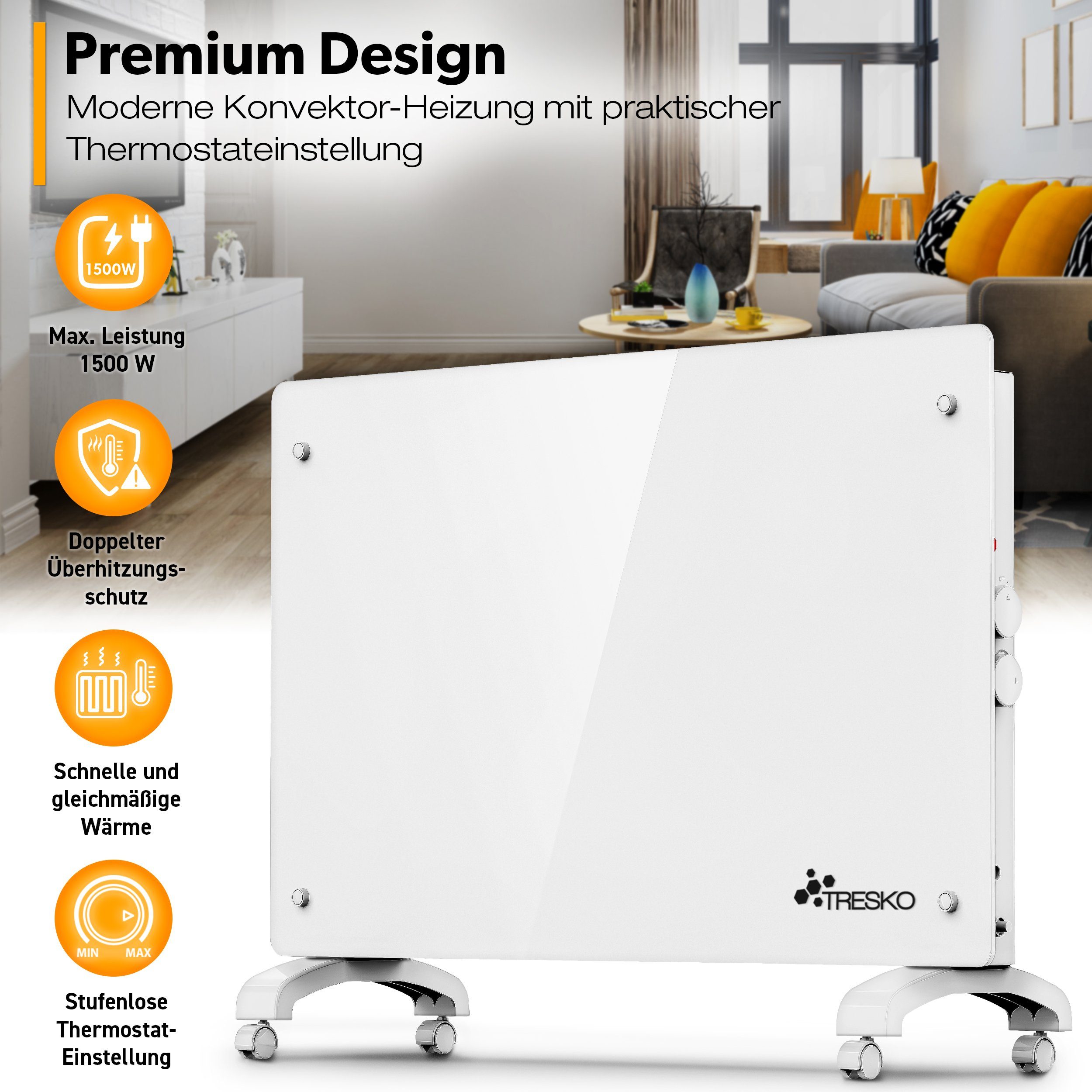 TRESKO Konvektor Glaskonvektor Elektroheizung 1500 & 2000W, 1500 W, APP WiFi Funktion, Glasheizung elektrisch