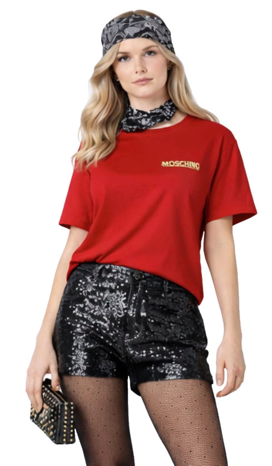 Moschino T-Shirt COUTURE Damen Metal Gold Logo Regular Fit Goldene Metall-Logo-Applikation auf der Brust