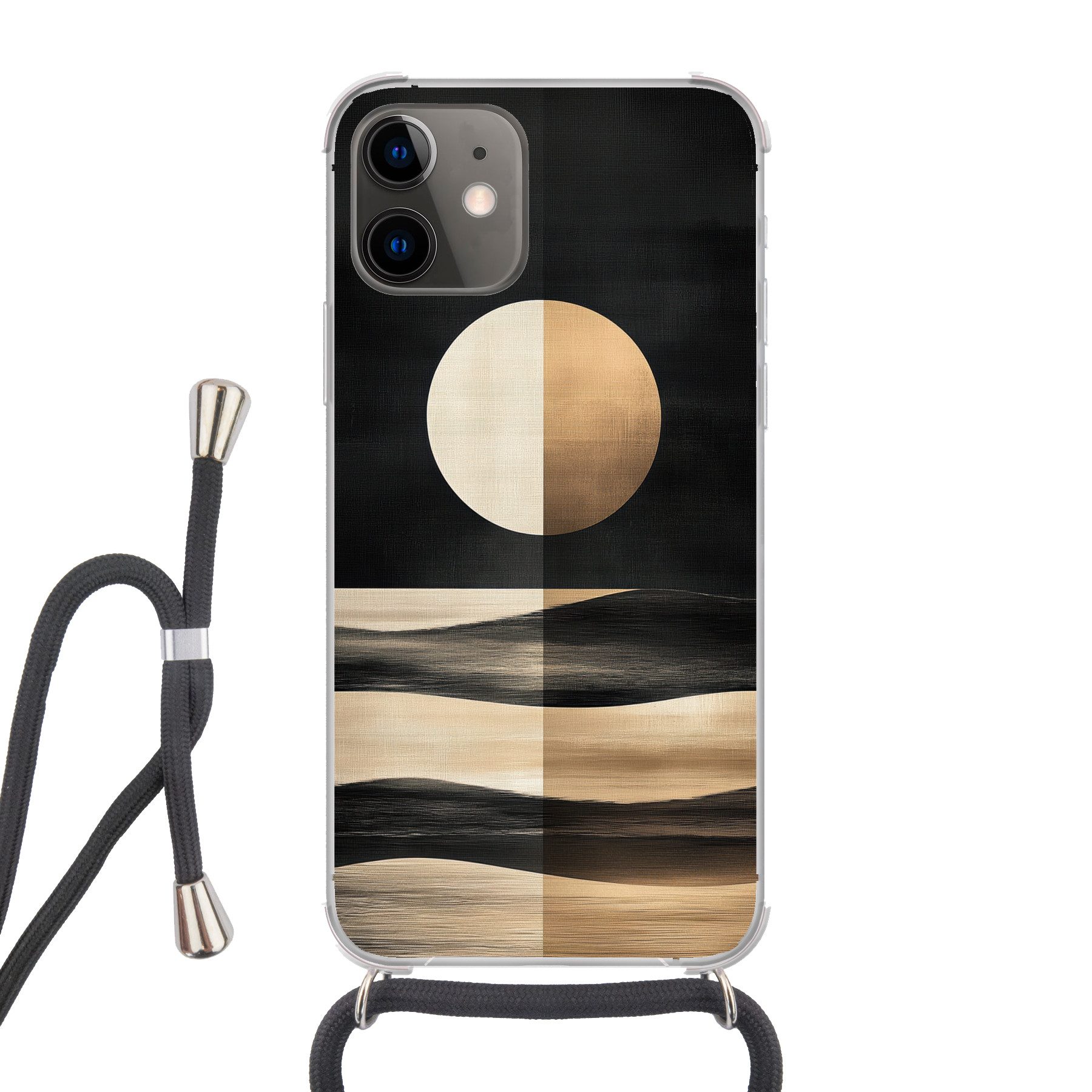MuchoWow Handyhülle für Apple iPhone 12 Mini Mond - Kreis - Gold, Tragbare Handyhüllen mit Kette zum umhängen, Handykette Handyband