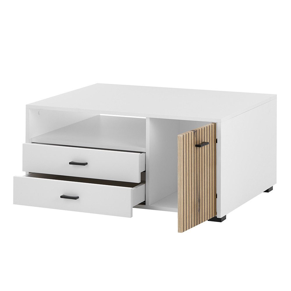 Lomadox Couchtisch HUNTER-61, Wohnzimmertisch weiß matt Eiche Rillen 90x43x günstig online kaufen