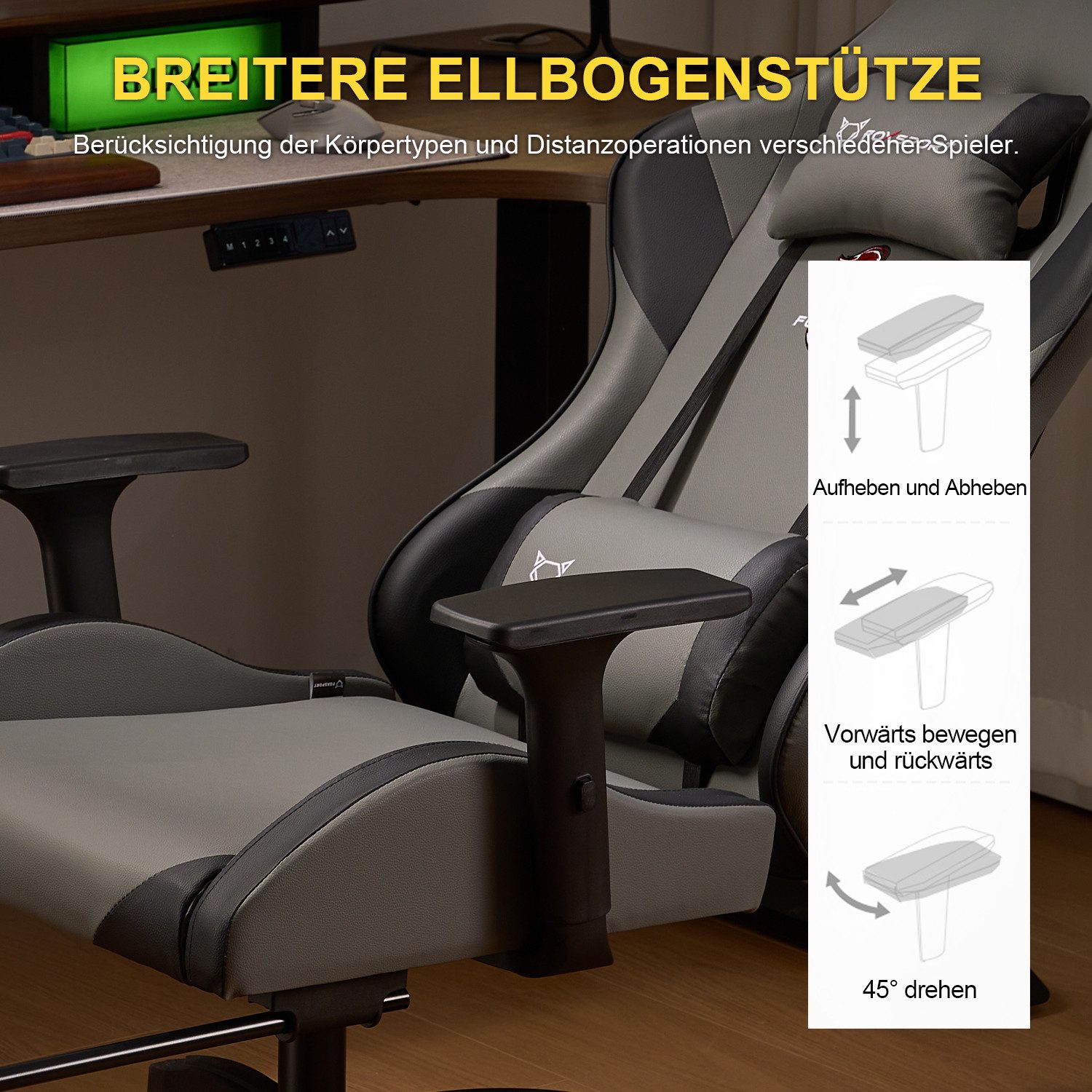 FOXSPORT Gaming-Stuhl inkl. Rücken- & Nackenkissen, ergonomischer Bürostuhl (Computer Stuhl mit Racing-Design, Drehstuhl mit 3D-Armstützen und verstellbarer Fußstütze, 150° verstellbare Rückenlehne, 1 St), 360° drehbar, 10 cm Höhenverstellung, belastbar bis 150 kg