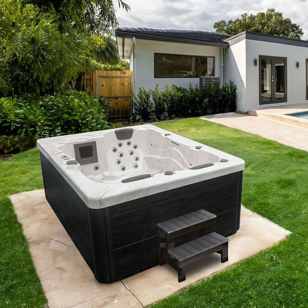 HOME DELUXE Whirlpool Outdoor Whirlpool WHITE MARBLE, (Inkl. Heizung, 27  Massagedüsen und 9 Lichtquellen, 1-tlg), Maße: 210 x 160 x 85 cm - Inkl. 27  Massagedüsen