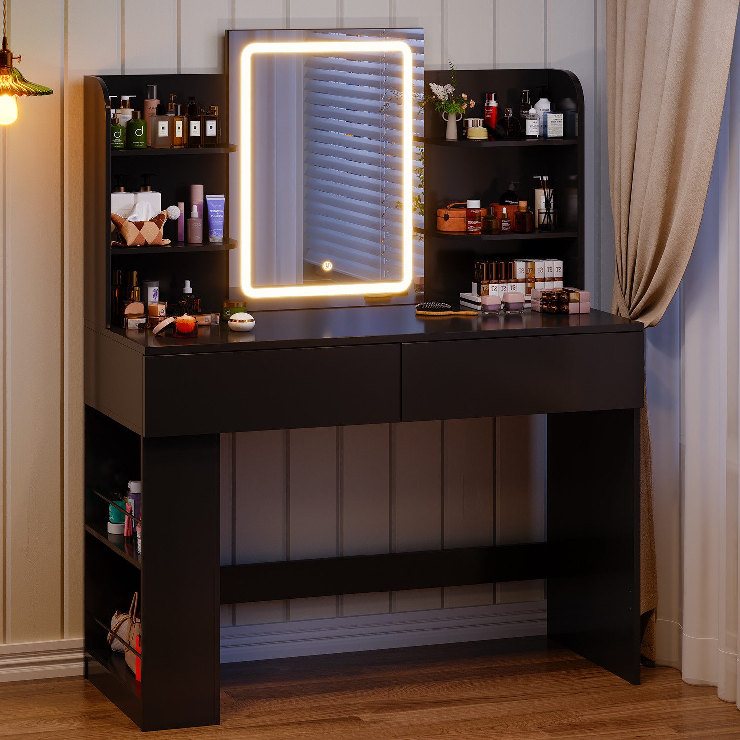 HOMALL Schminktisch mit Spiegel, LED-Beleuchtung, einstellbare Helligkeit, ostern (Länge × Breite × Höhe) 90/110 × 40 × 135 cm, 8 offene Fächer (2 seitliche Fächer sind nach links und rechts verschiebbar), 2 große Schubladen – Ostergeschenk)