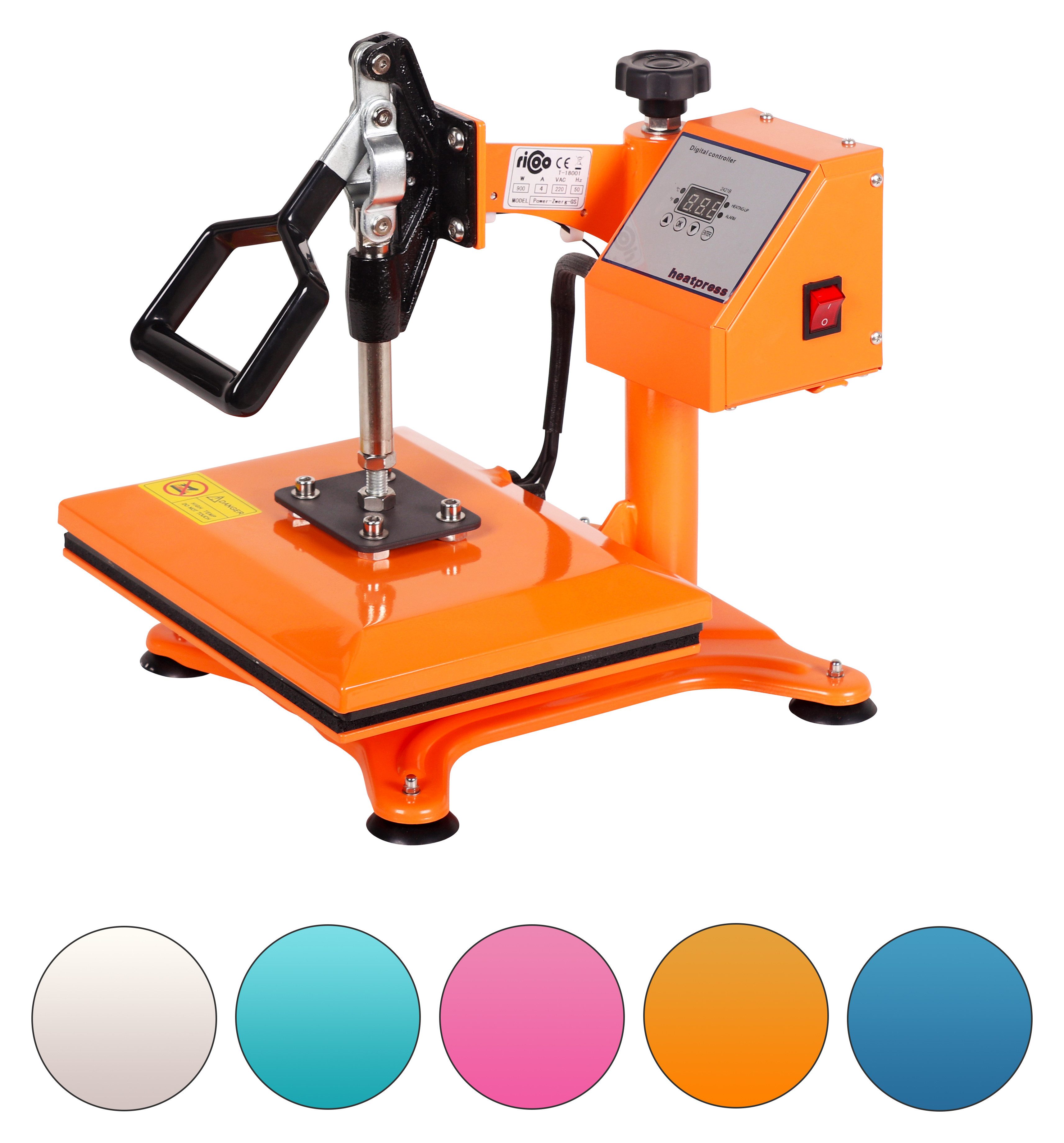 RICOO Bügelmaschine Transferpresse T Shirt Druckmaschine Textilpresse RICOO POWER-ZWERG-GS, Orange Verkehrsweiß Heißpresse Textildruck Shirt Druck Hitzetransfer