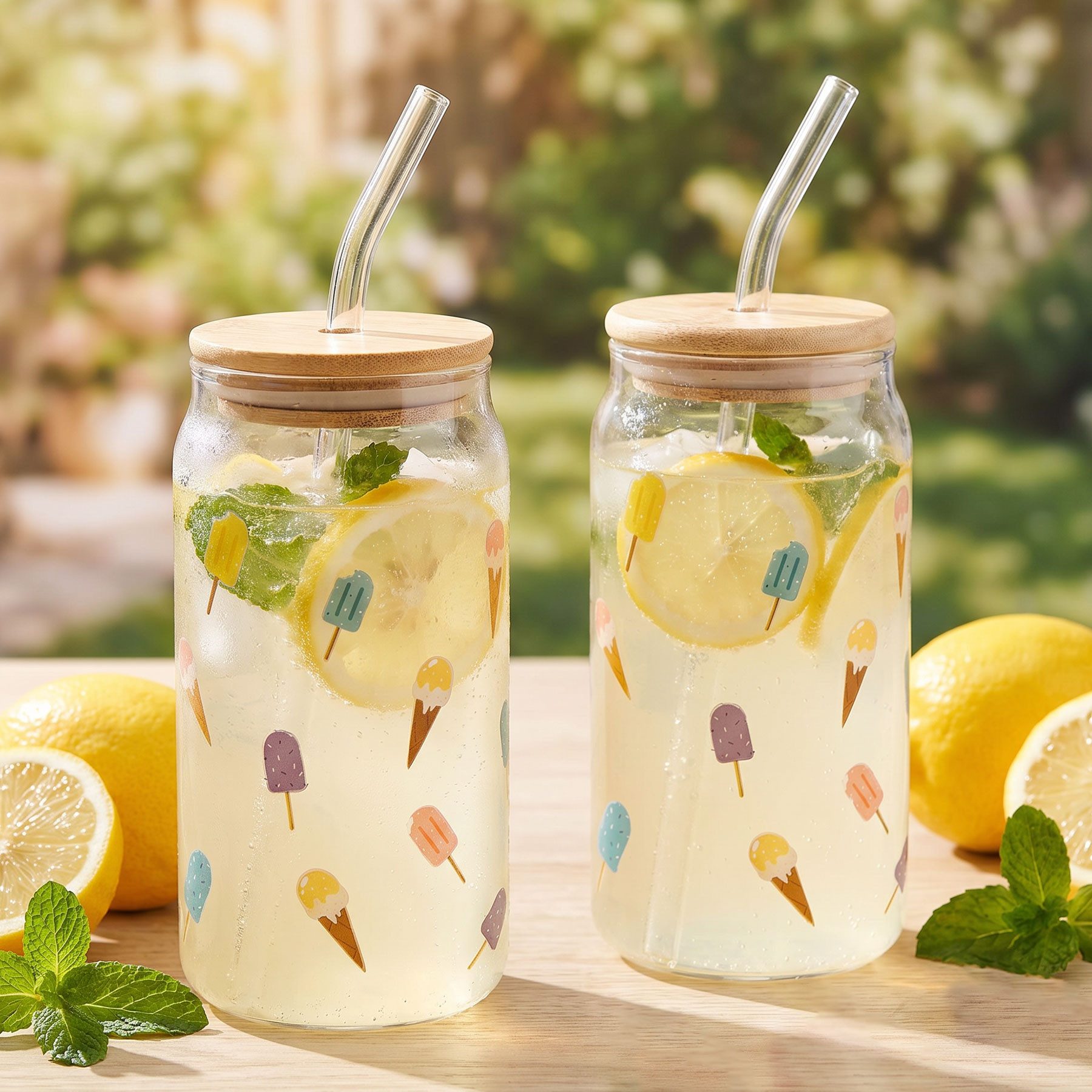 Levandeo® Glas, 2er Set Trinkglas 500ml Eis am Stiel Glas-Strohhalm Deckel