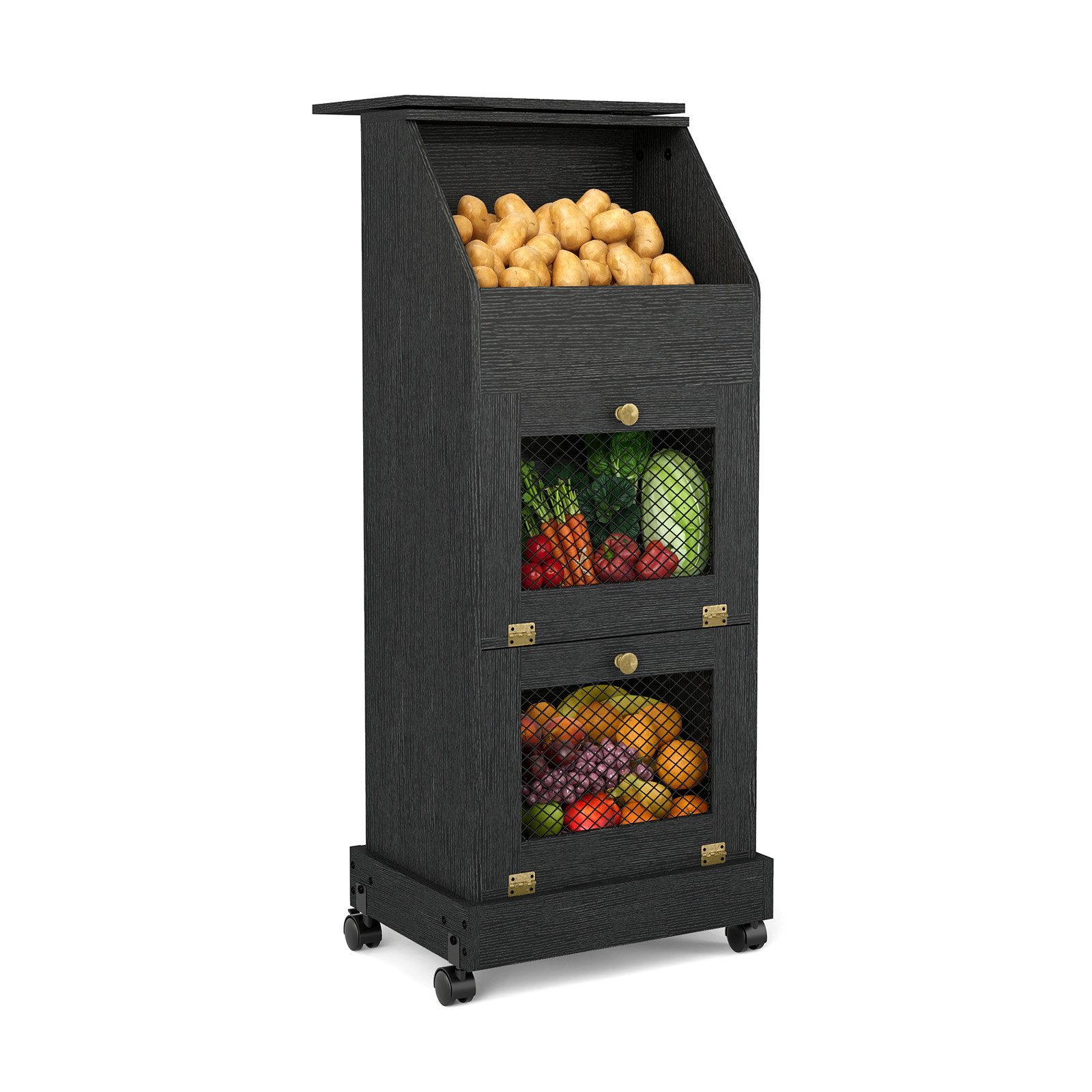 Puluomis Vorratsdose Vorratsdose Kartoffelbox, Gemüsebox mit Rollen, Kartoffelkiste, (Gemüsebehälter mit Belüftung und Brotfach, Aufbewahrung von Gemüse und Obst, Kartoffelbox braun schwarz)