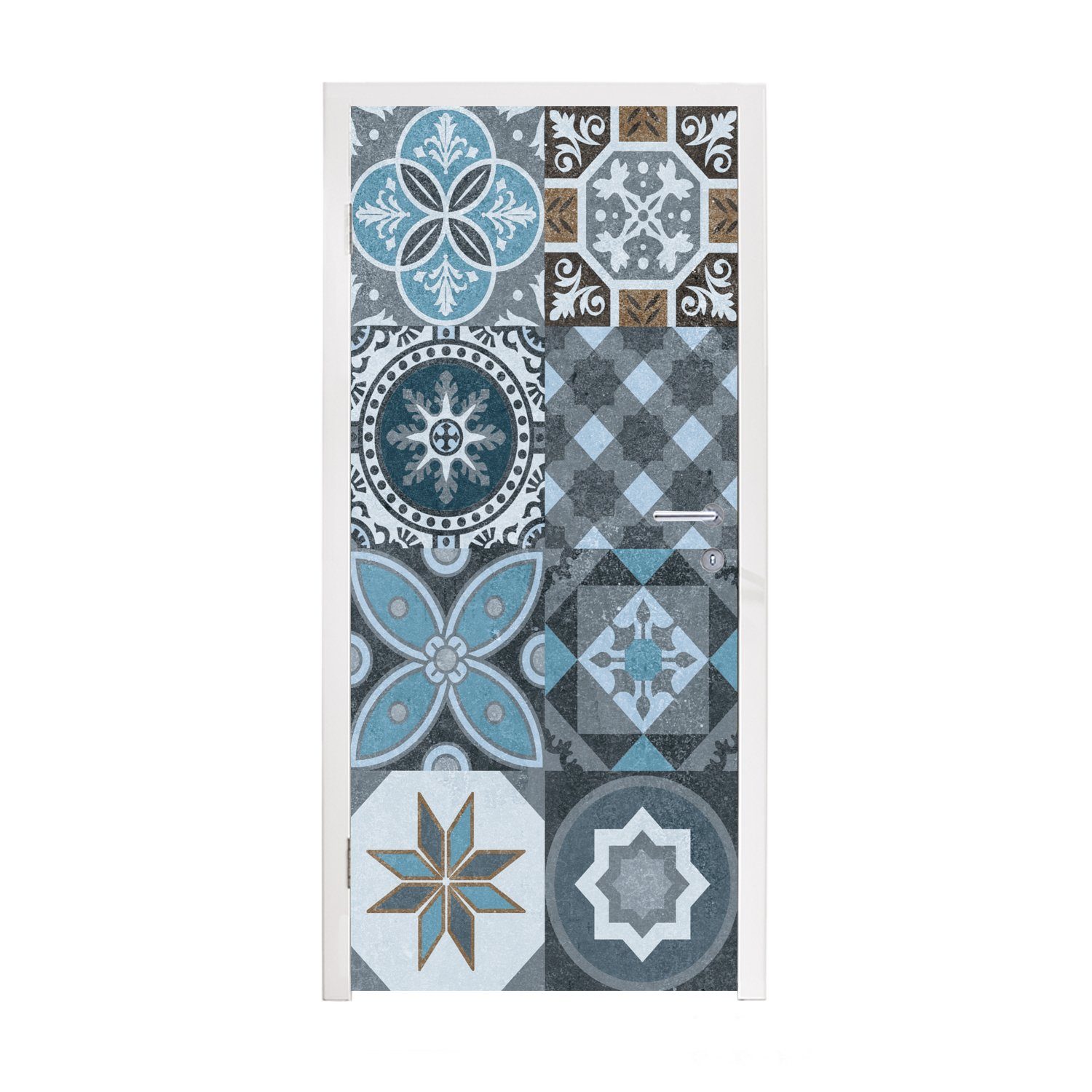MuchoWow Türtapete Design - Blume Tür, bedruckt, Matt, St), Blau Figuren, Türaufkleber, - - Fototapete (1 für 75x205 cm