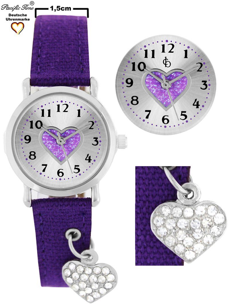 Pacific Time Quarzuhr Kinder Armbanduhr mit Herzanhänger Stoffarmband, funkelndes Herzchen am Armband - Gratis Versand – Bild 2 von 5