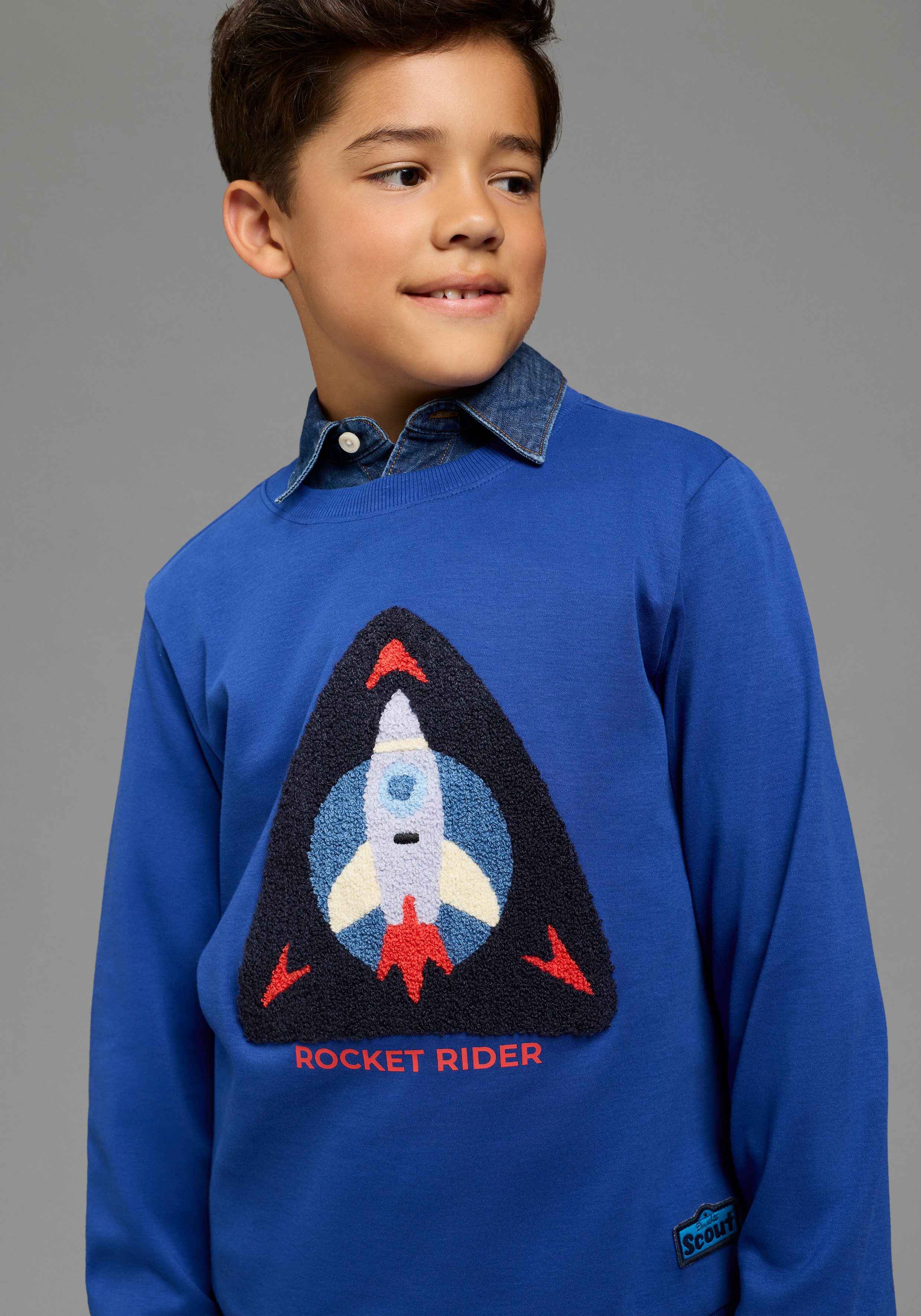 Scout Langarmshirt Shirt mit Frottee-Applikation: Rocket Rider - NEU von SCOUT Sweatshirt mit großer Raketen-Frottee Applikation