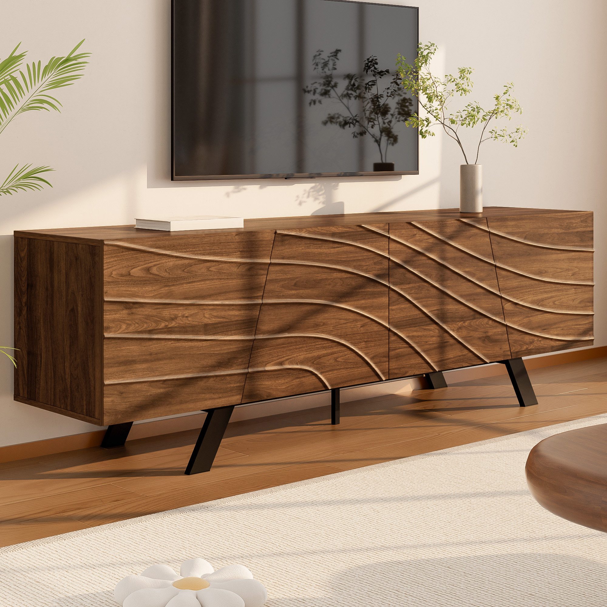 HAUSS SPOLE Lowboard mit Wellenfront,TV-Schrank Fernsehschrank mit Eisenbeinen,Walnuss