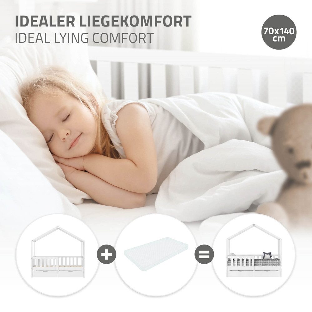 ML-DESIGN Spielbett Hausbett Kinderbett inkl. 2 Schubladen, Lattenrost und Rausfallschutz, Abenteuerbett 70x140cm Haus Bett Himmelbett Kiefer Jugendbett Weiß – Bild 4 von 5