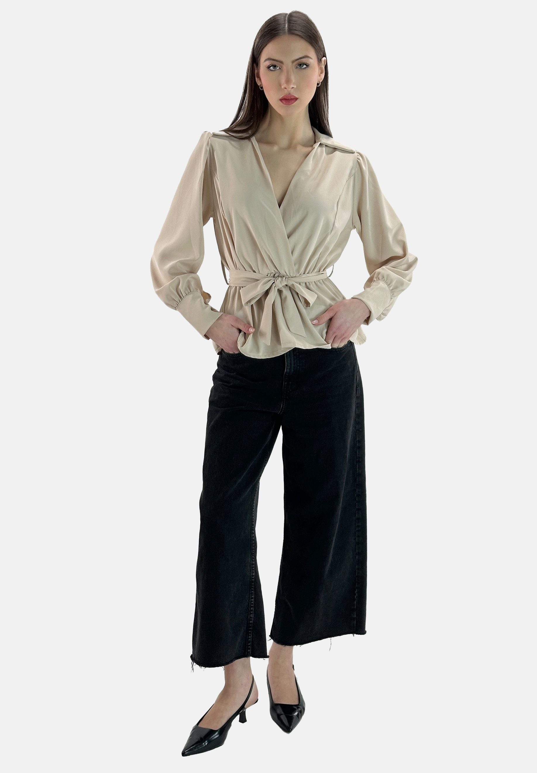 Elara Blusentop – Wickelbluse mit Bindegürtel und Hemdkragen
