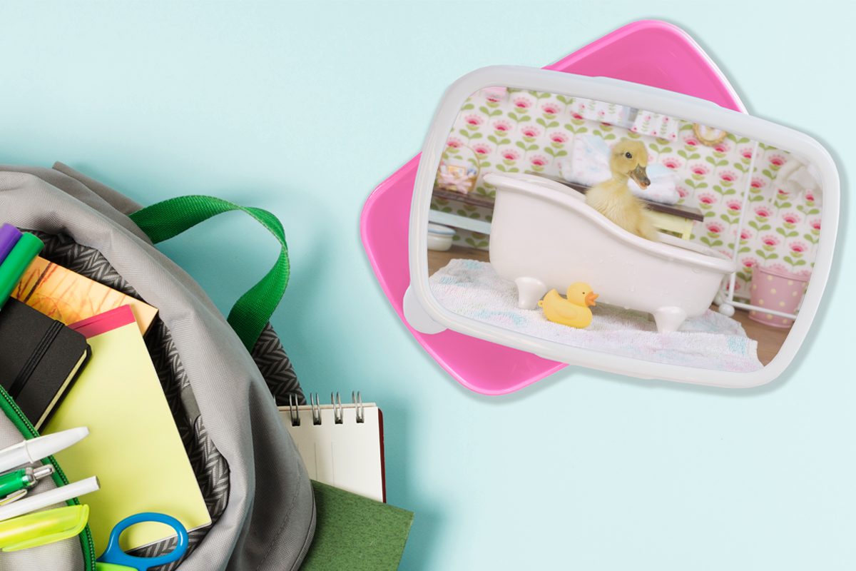 Bad für Mädchen, MuchoWow Lunchbox Kunststoff Ente (2-tlg), Brotdose Erwachsene, - rosa Brotbox Gummi-Ente, Kunststoff, - Kinder, Snackbox,