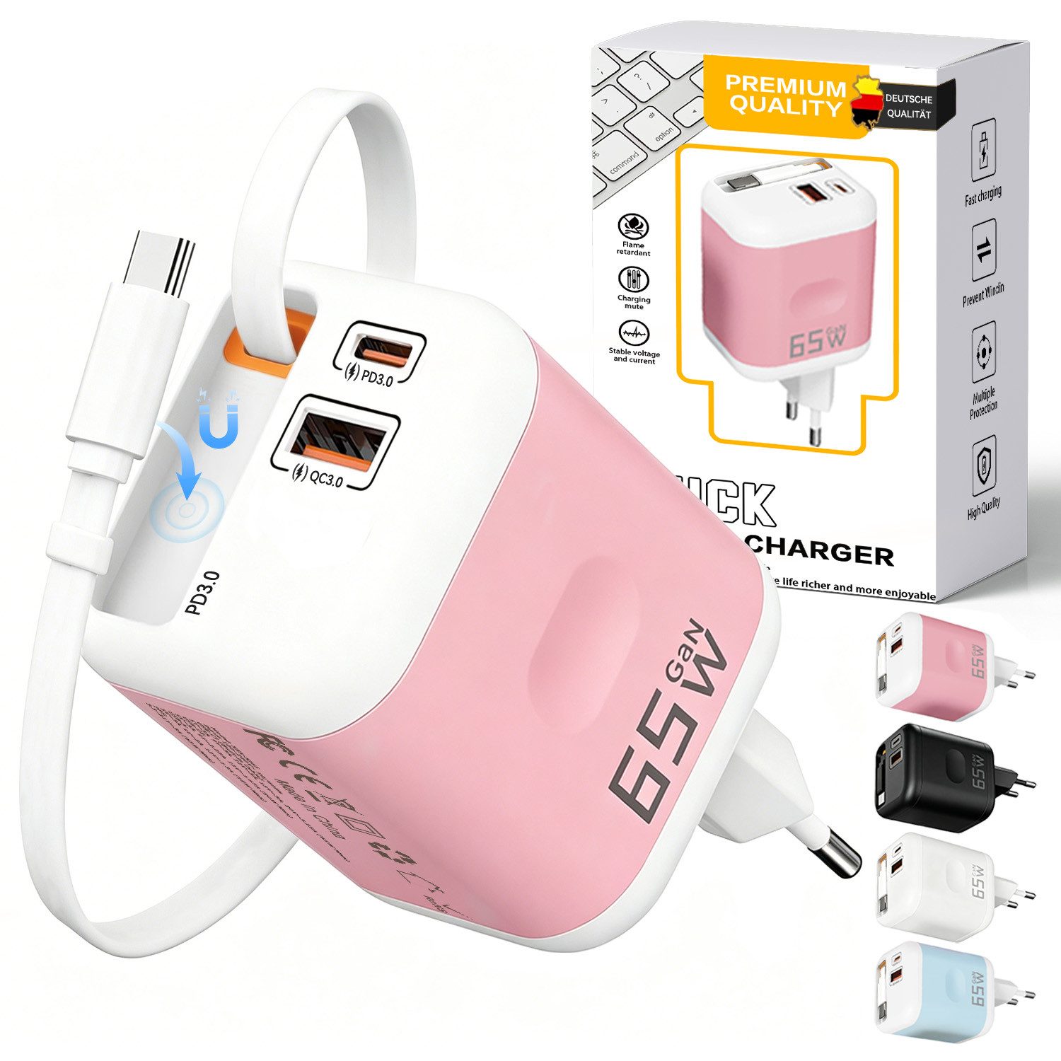 SWGOTA 2026 Neues 65W GaN 3-Port USB C Ladegerät mit Einziehbarem Kabel USB-Ladegerät (65W Schnellladegerät, 3-in-1 USB Netzteil, PD 3.0 Power Adapter, Unterstützt Super Fast Charging bei Einzelportnutzung)