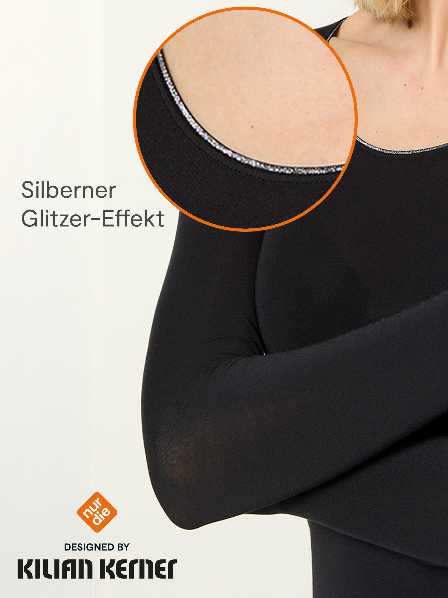 Nur Die Longsleeve NUR DIE X KILIAN KERNER Damen Langarmshirt Micromodal Glitzerabschluss weiche, atmungsaktive Fasern - Glitzer-Effekt am Ausschnitt
