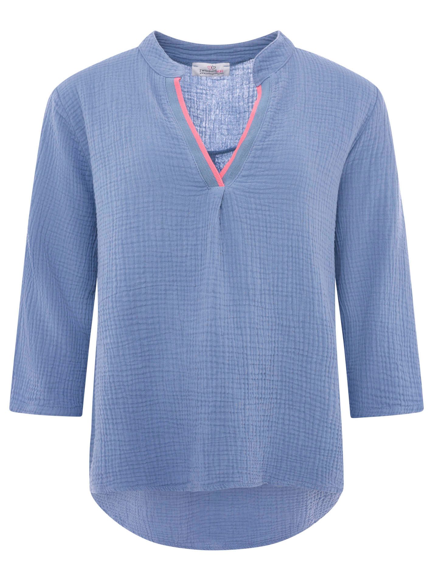 Zwillingsherz Schlupfbluse "Neon Kante" Musselin, eingefasster V-Neck in Neon, 3/4 Arm, hinten leicht länger – Bild 2 von 5