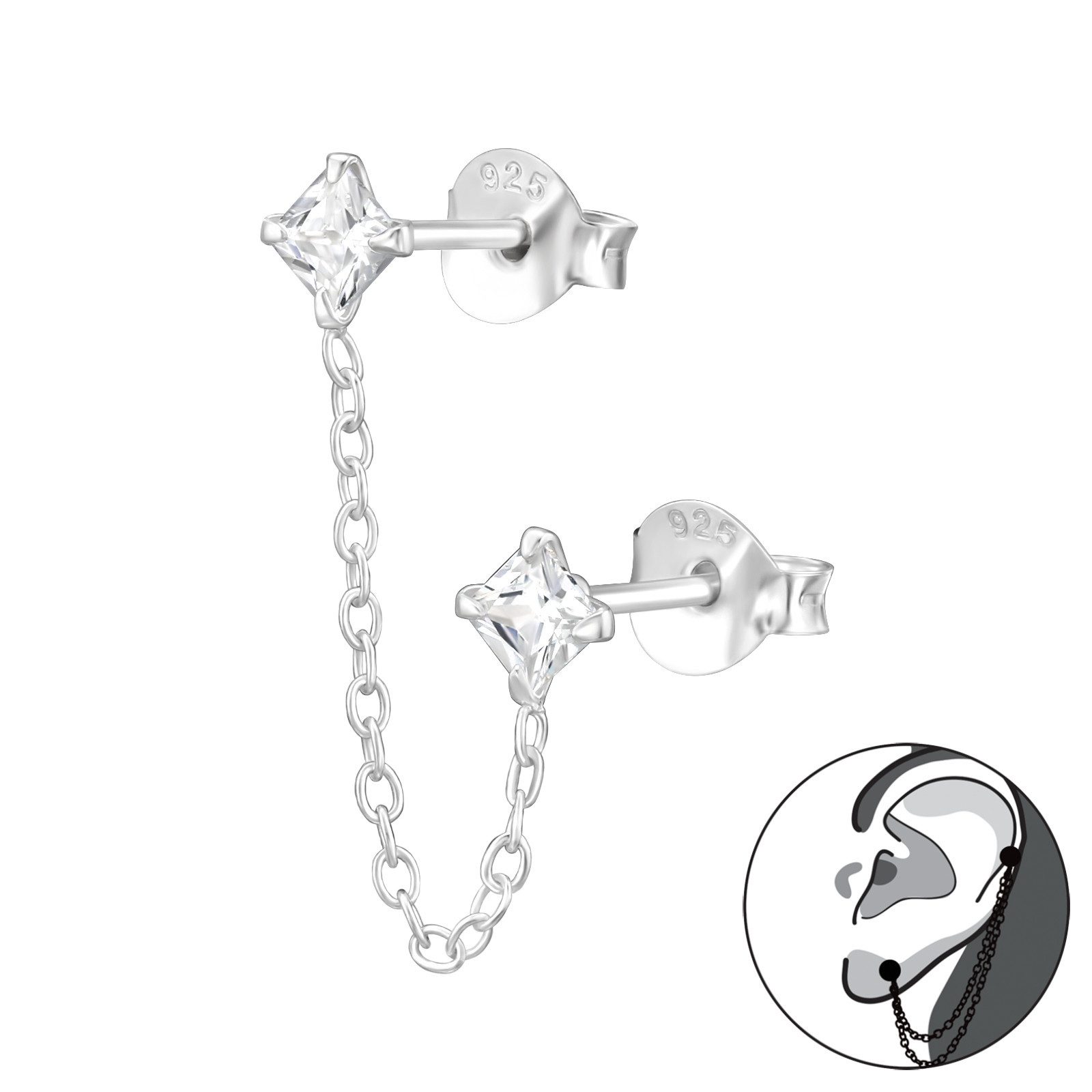 BUNGSA Single-Ohrstecker Ohrstecker Doppelstecker mit Kristall und Kette aus .925 Silber Damen (1 Stück, 1-tlg), Ohrschmuck Ohrringe