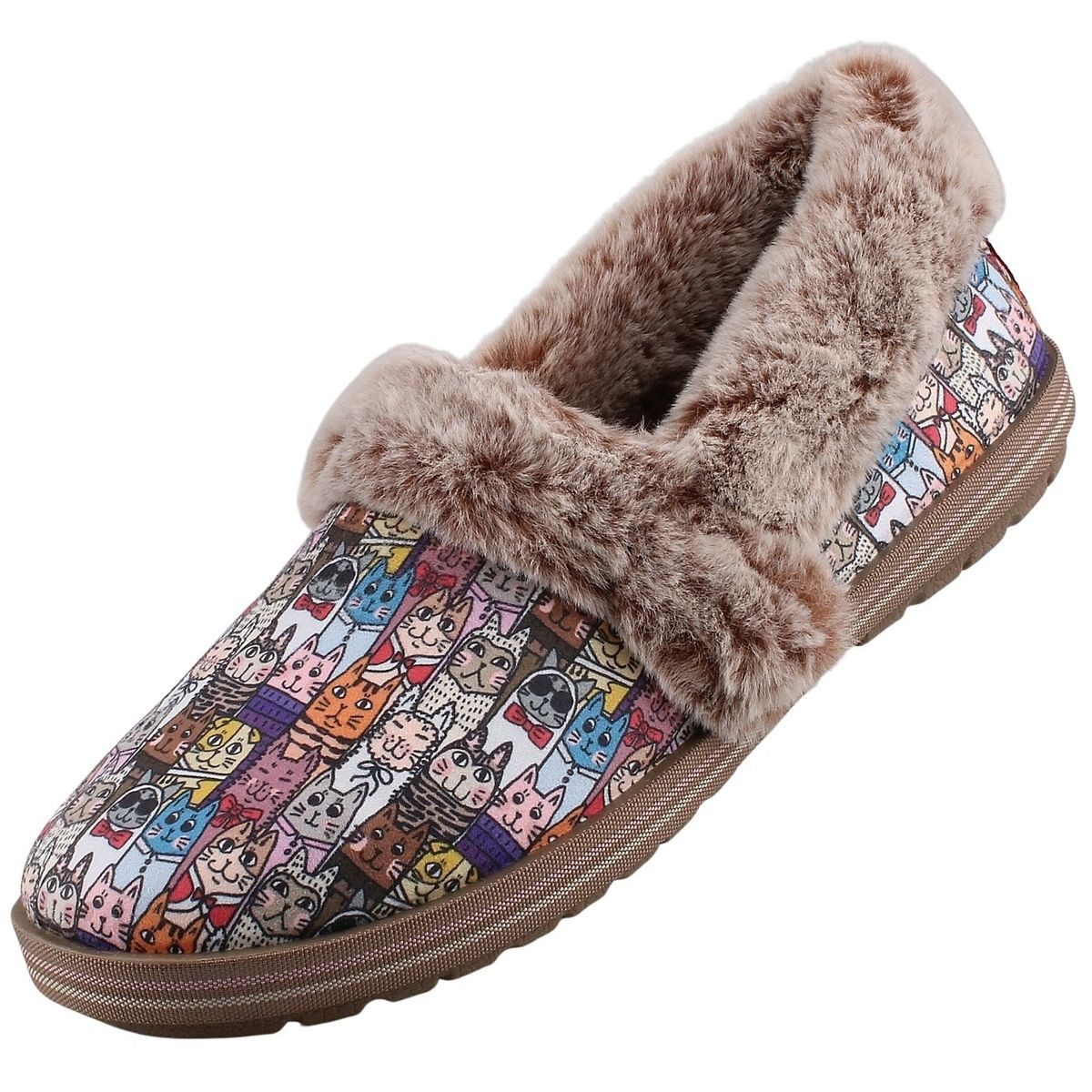 Skechers 33347-MLT Hausschuh Warm gefütterte Pantoffeln mit Katzenmotiv