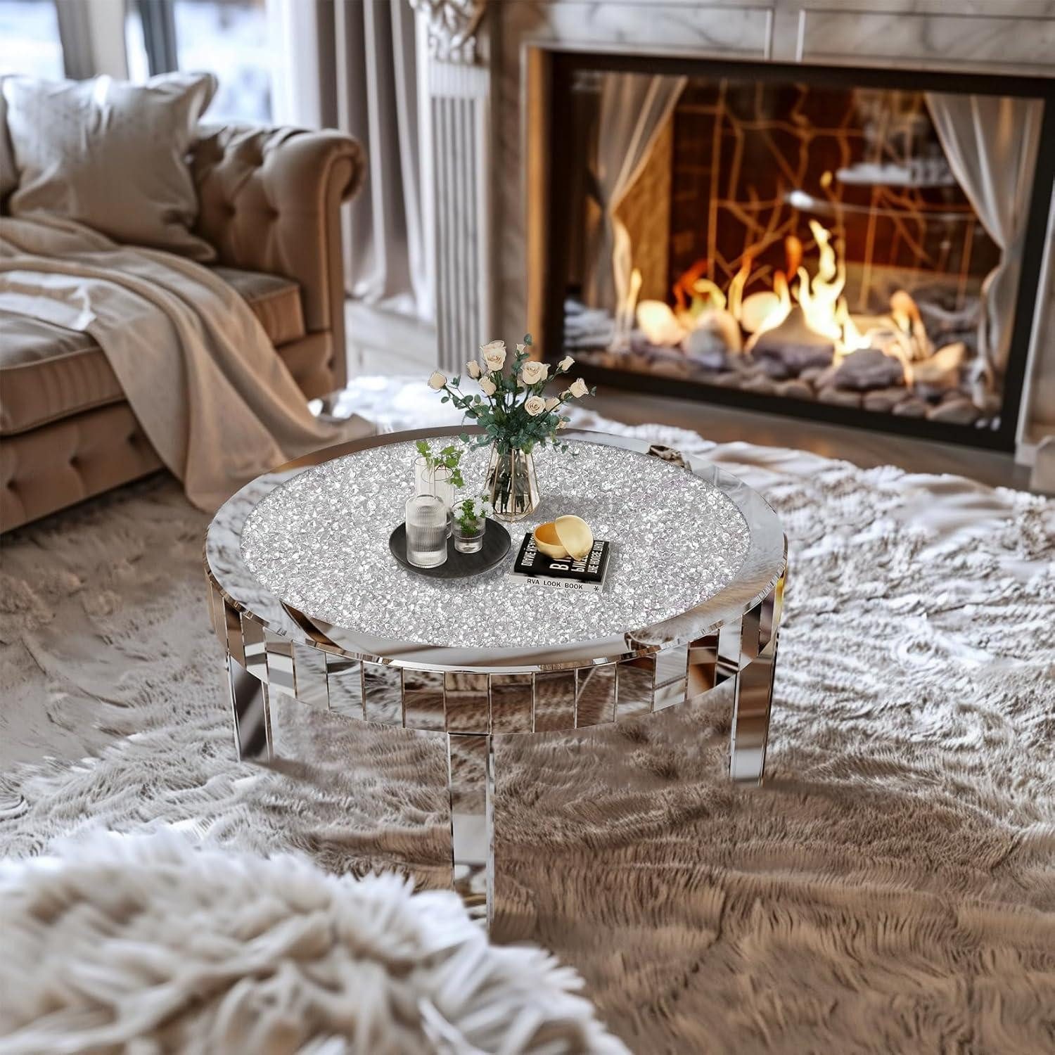 LuxusKollektion Couchtisch Couchtisch Rund Glas Kristall Silber Diamant Beistelltisch 80cm