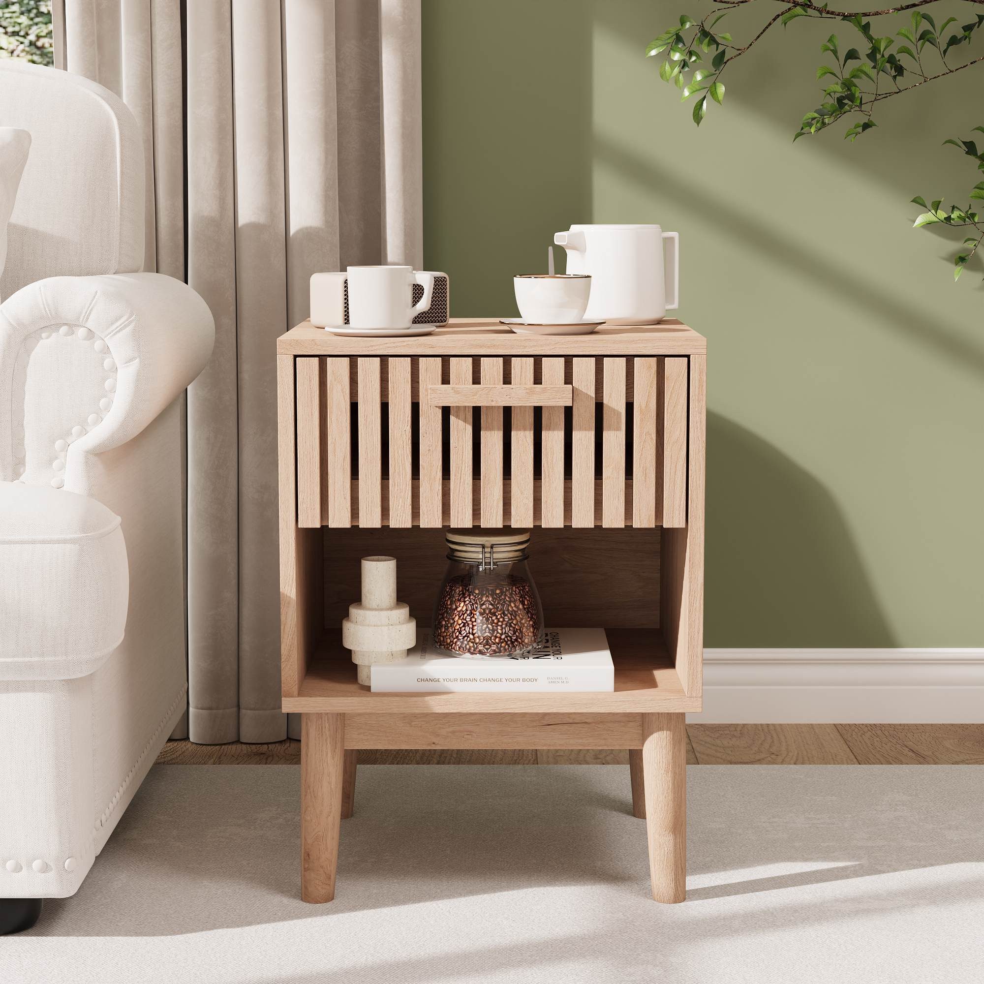 Simurq Nachttisch 2er Set, Nachtkommode mit Schubladen, Nightstand (2-St.Nachtschrank, Sofatisch für Wohnzimmer Schlafzimmer), 40 x 35 x 55 cm, Griffe aus Massivholz