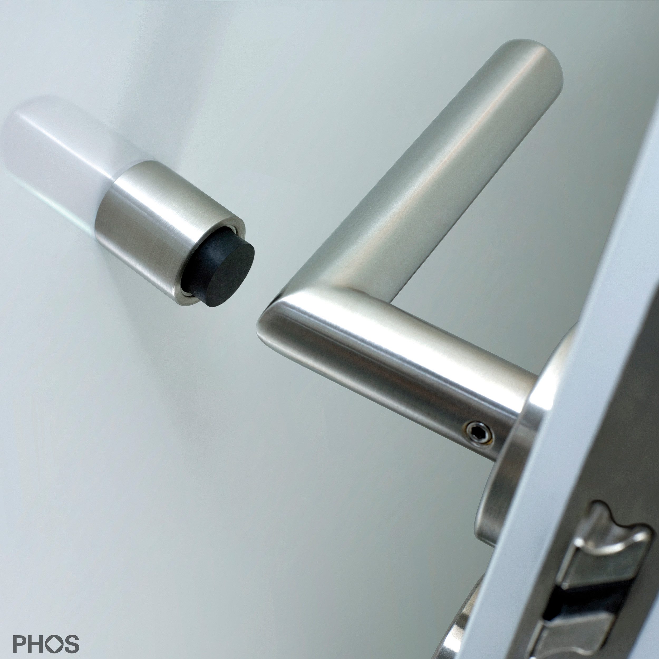 PHOS Design Türstopper aus Edelstahl mit Gummipuffer für Türklinken, Wand-Türstopper / Decken-Türstopper