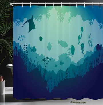 Abakuhaus Duschvorhang Moderner Digitaldruck mit 12 Haken auf Stoff Wasser Resistent Breite 175 cm, Höhe 180 cm, Tiefsee Quallen Corals Säugetiere