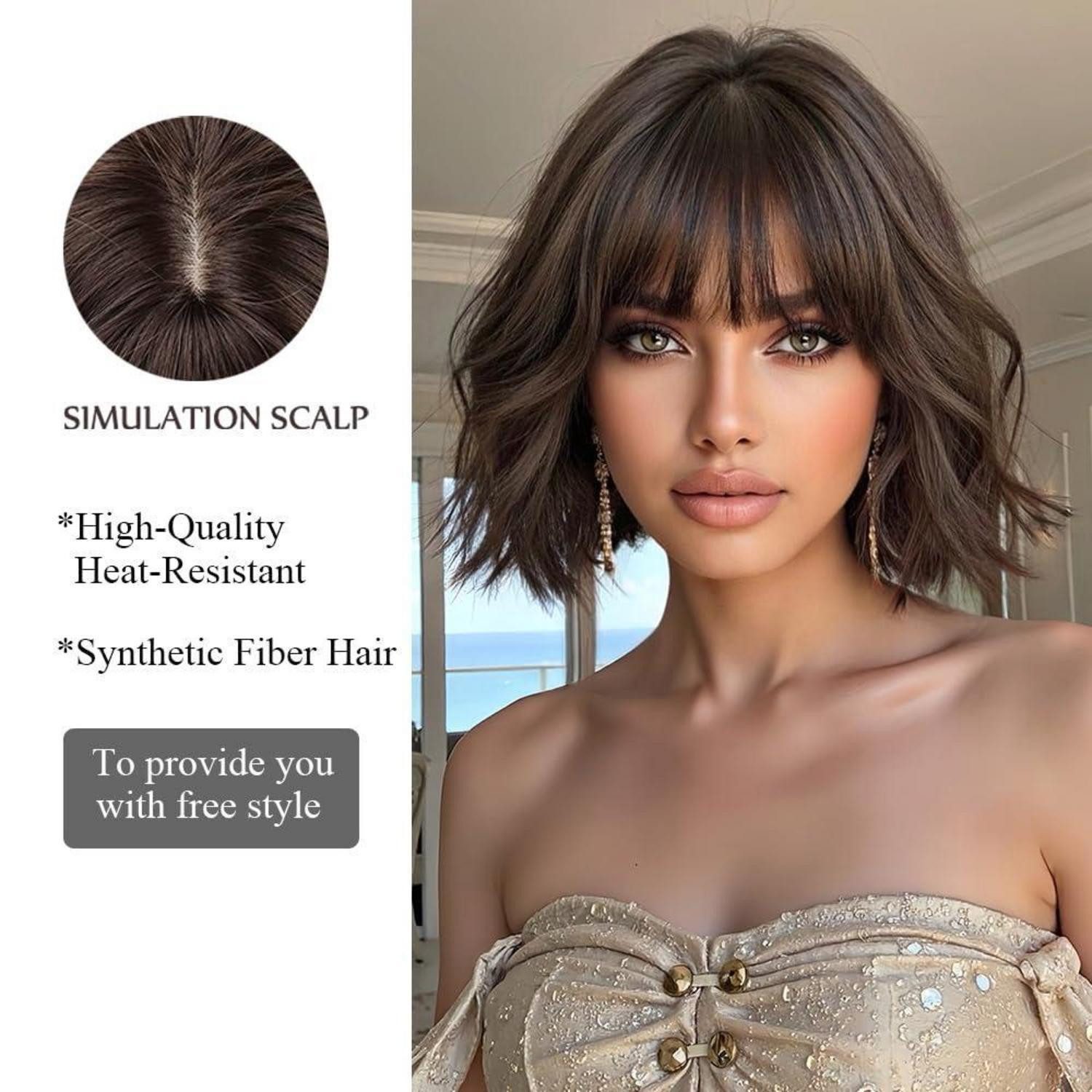 LuxusKollektion Kunsthaarperücke Braune Bob Perücke mit Pony Kurz & Gewellt Natürliches Synthetisches