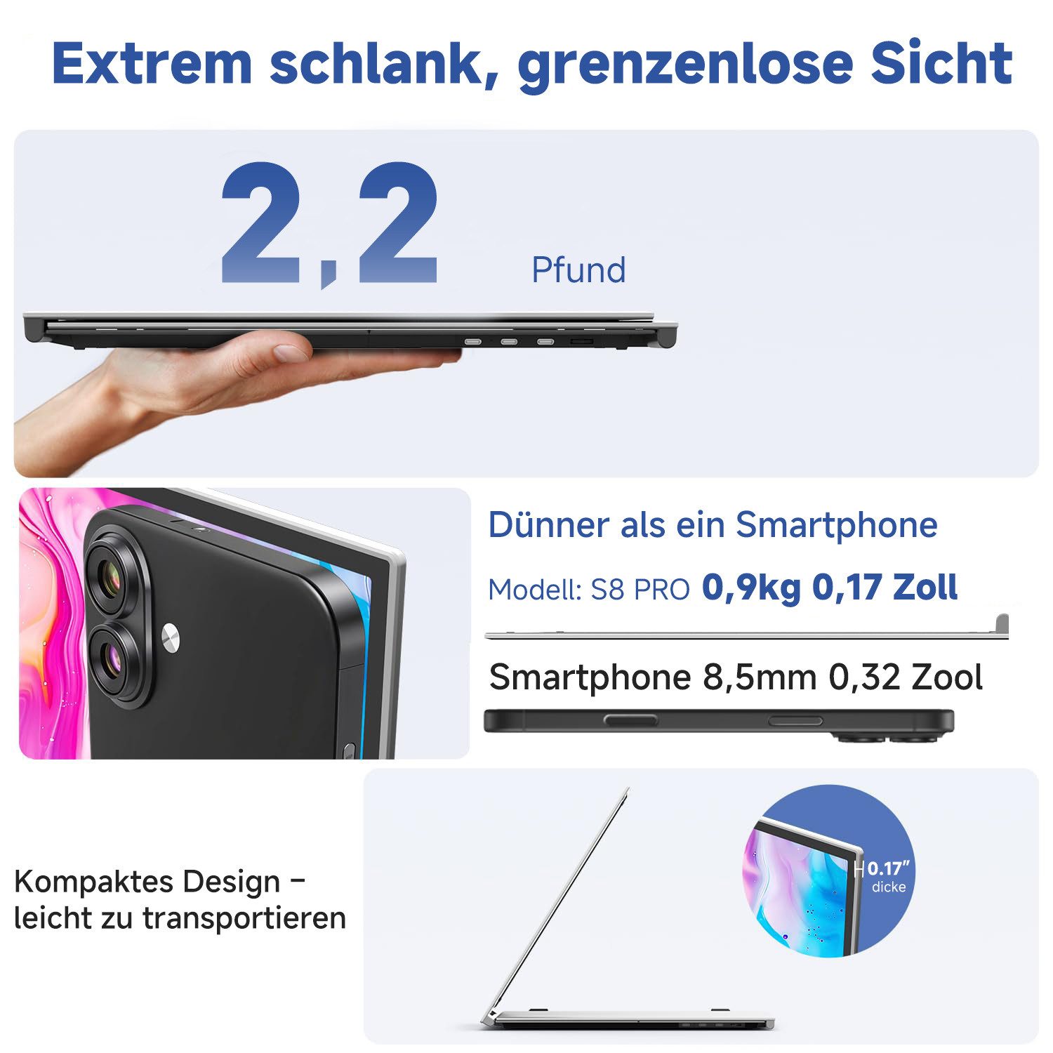 KEFEYA Ultra-dünne Gaming Monitor LED-Monitor Laptop-Bildschirm-Extender Portabler Monitor (36 cm/14 ", 1920x1080 px, Full HD, 60 Hz, HDR, Für Laptops von 13 bis 17,3",Kompatibel mit Mac, Windows, Chrome etc)