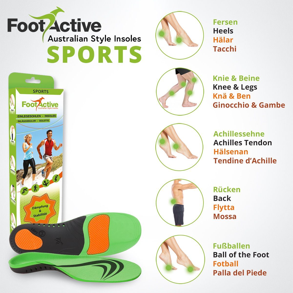 Unterstützung Füße, Einlegesohlen Sport Rücken. Perfekte Fersen, Freizeit. und Biomechanische und und für Dämpfung FootActive FootActive für Schienbeine SPORT, Einlegesohlen
