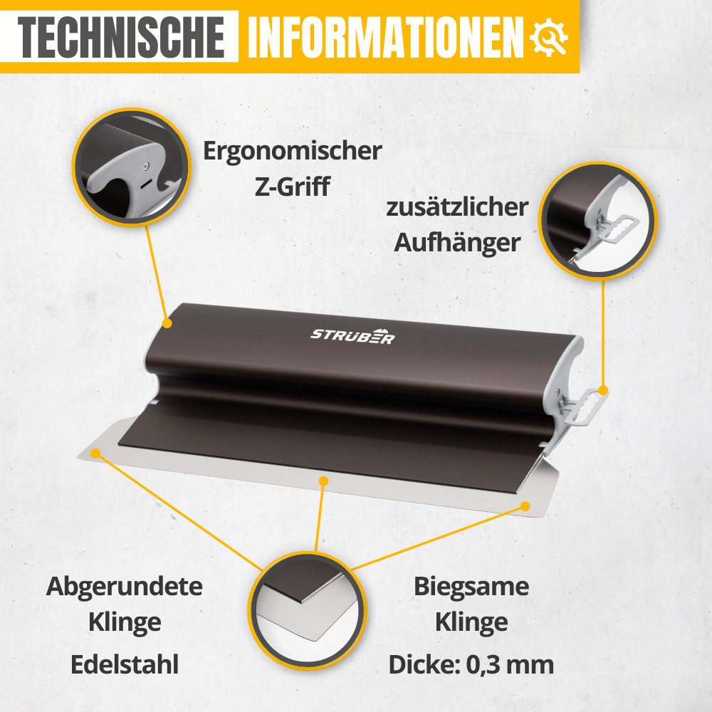 STRÜBER Flächenspachtel Flächenspachtel (25/40/60/80/100 cm) & Teleskopstange (25cm-St) Edelstahlklinge, Aluminiumgriff, Breit, Ausziehbare Teleskopstange