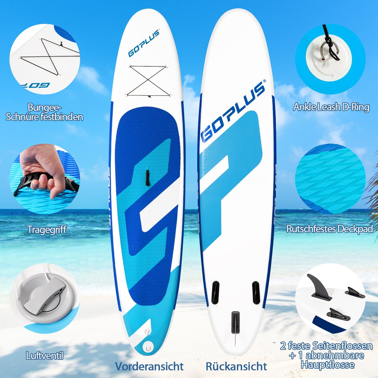Blau+Weiß & mit Board, COSTWAY Up SUP-Board Stand Paddling Paddel Pumpe