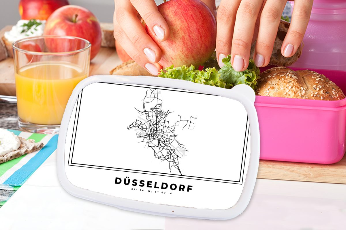 Lunchbox Erwachsene, Schwarz Kunststoff, Karte Deutschland, weiß Kunststoff - MuchoWow - Mädchen, (2-tlg), Kinder, Düsseldorf Stadtplan - und Brotdose Snackbox, rosa Brotbox für -