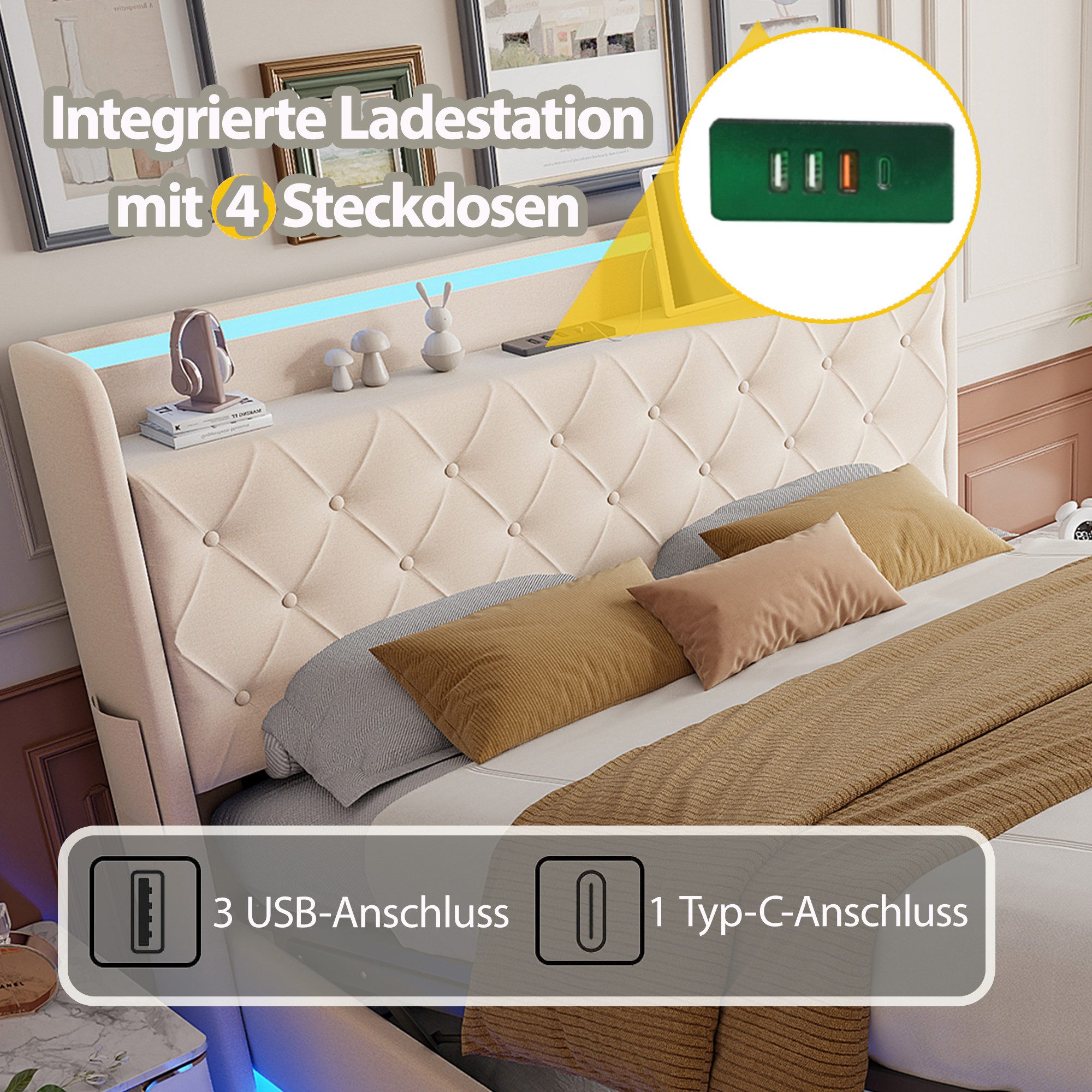 Merax Polsterbett mit LED-Beleuchtung & USB-Ladeanschluss (1-tlg., Hydraulisches Stauraumbett Mehrzweckbett Jugendbett), Doppelbett 160x200cm mit hydraulischem  – Bild 4 von 5