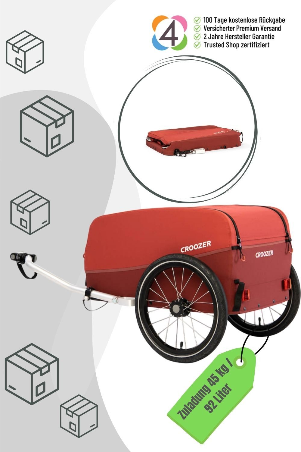Croozer Fahrradlastenanhänger Cargo Kalle inkl. Kupplung (bis 45 kg / L 71 x B 64 x H 54 cm)