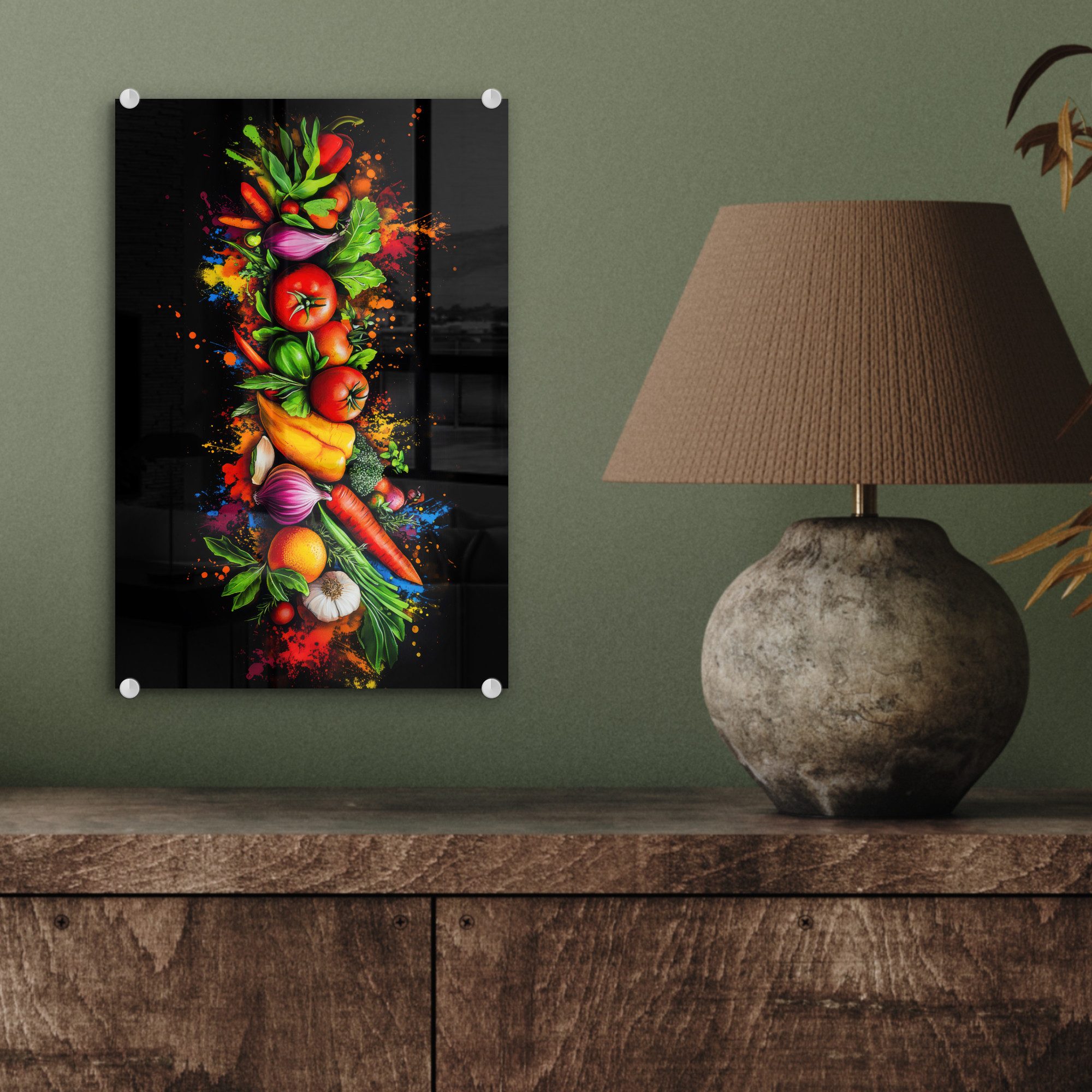 MuchoWow Acrylglasbild Gemüse - Lebensmittel - Kräuter - Graffiti - Kochen, Inkl. Aufhängung, Dekorative Bild für Küche & Wohnzimmer auf Glas, 20x30 cm – Bild 4 von 5
