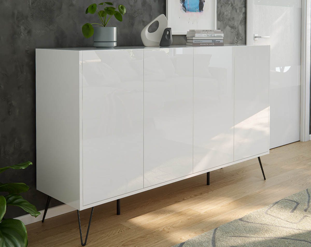 Posseik Waschtisch-Set Sideboard FAVIER 155 x 94cm, 4 Türen, weiß-hochglanz, (Sideboard, 1-St., Sideboard)
