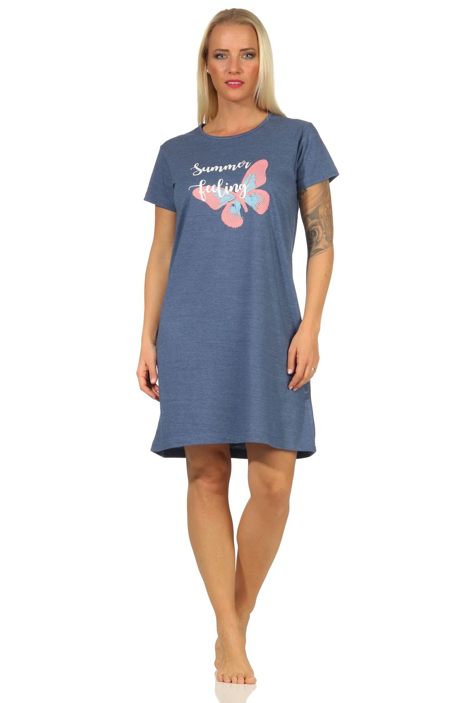 RELAX by Normann Nachthemd Sommerliches Damen kurzarm Nachthemd mit Schmetterlingsmotiv - 67144 blau