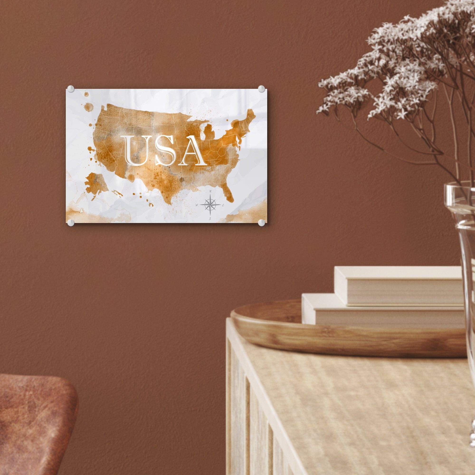 MuchoWow Acrylglasbild Karte Wandbild Amerika Foto (1 - - Bilder - auf Glas - Glas Gold, - Glasbilder auf Wanddekoration St)