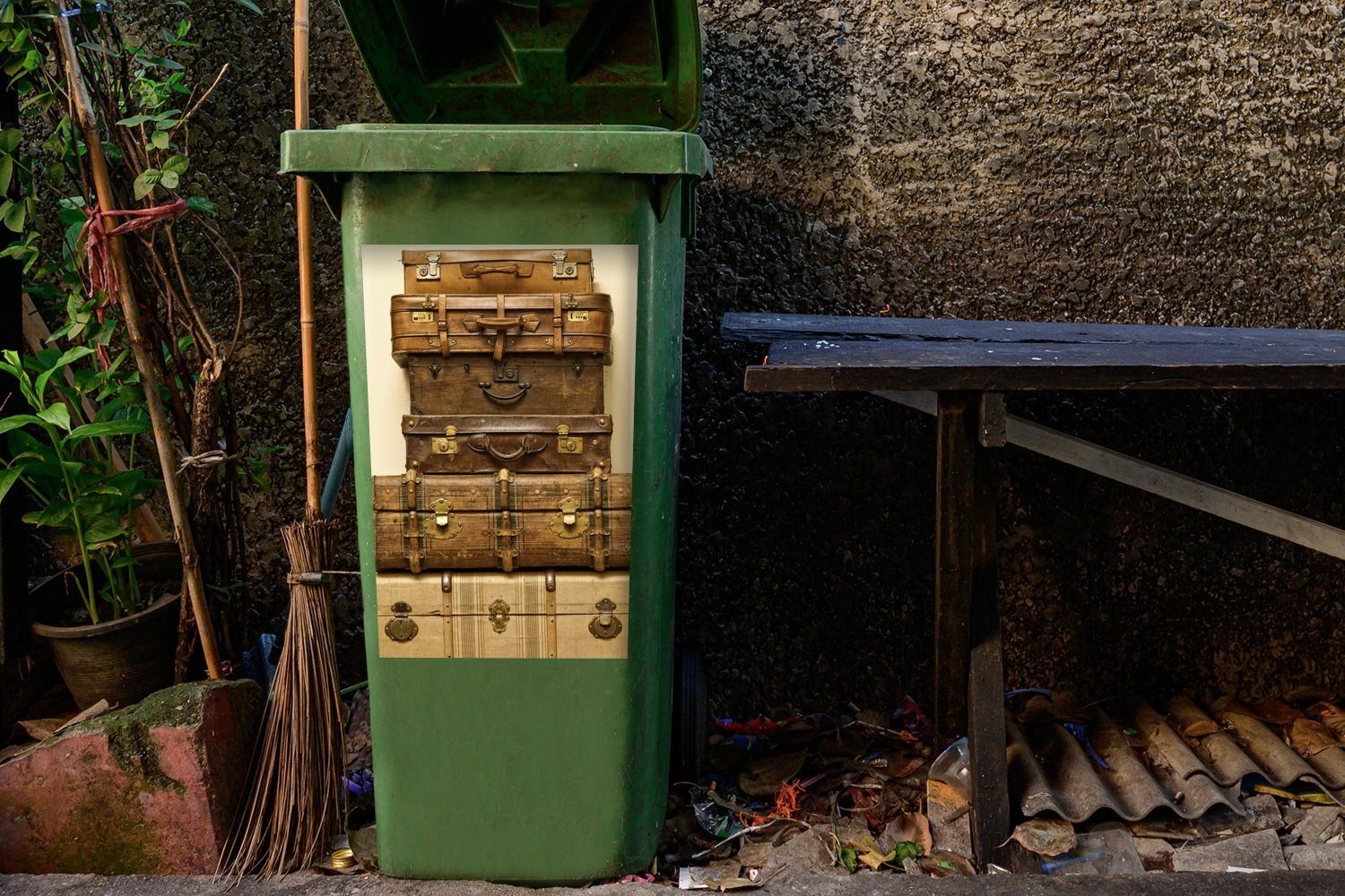 Container, MuchoWow Mülltonne, Wandsticker Sticker, Antik (1 Abfalbehälter Vintage St), - - Mülleimer-aufkleber, Koffer