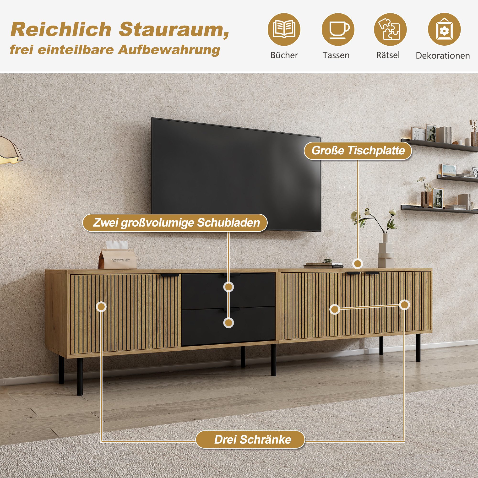 SeedWave Lowboard In Holzoptik 208cm TV-Schrank mit Geschlossenen Fächern & Schubladen, Fernsehtisch mit Kabeldurchführung, 15cm Bodenfreiheit