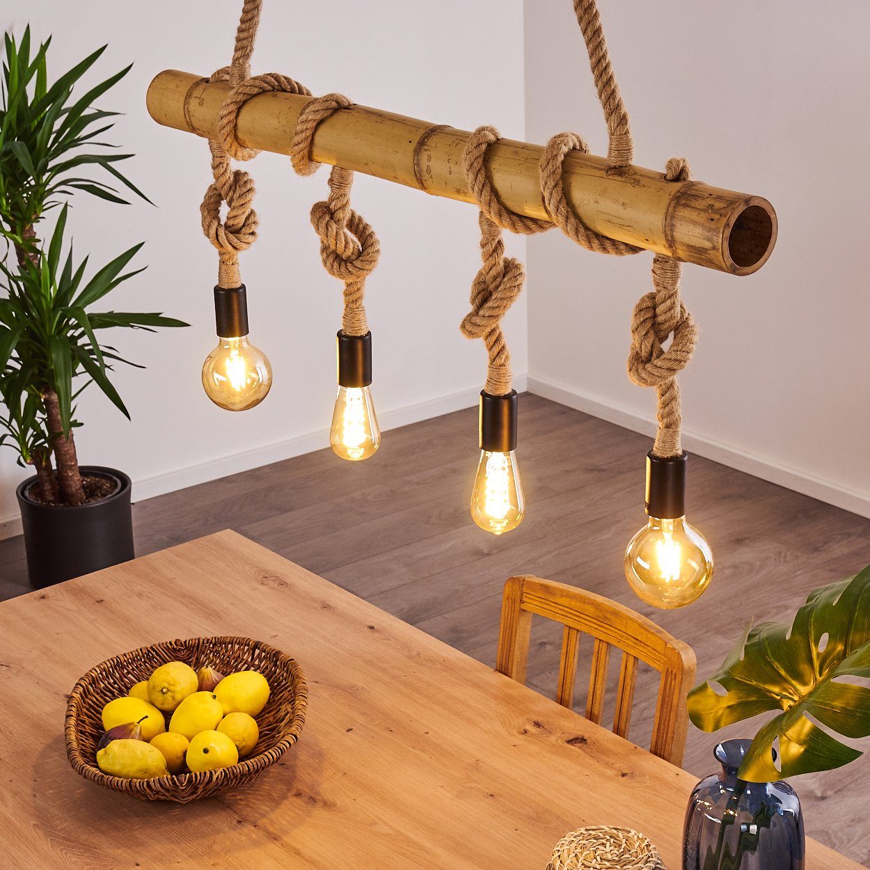 hofstein Hängeleuchte »Chalpe« Hängelampe aus Bambus/Kordel in Braun/Natur, ohne Leuchtmittel, 4xE27, mit Babumsstab im Retro/Vintage-Design, Höhe max. 122cm