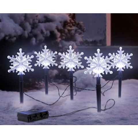 Spetebo Gartenstecker LED Gartenstecker Schneeflocken 5er Set mit Timer (Set, 5-St., 5tlg.-Set) Outdoor Weihnachts Winter Deko kalt weiß Batterie betrieben