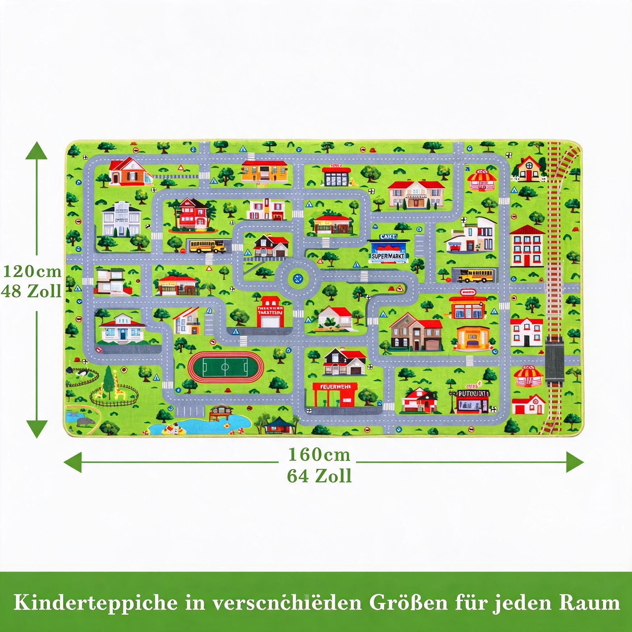 GarveeMore Teppich Rutschfester Kinderteppich Lernteppich Weicher Spielteppich mit Stadt, rechteckig, Für Kinderzimmer, Spielzimmer, Klassenzimmer & Babyzimmer