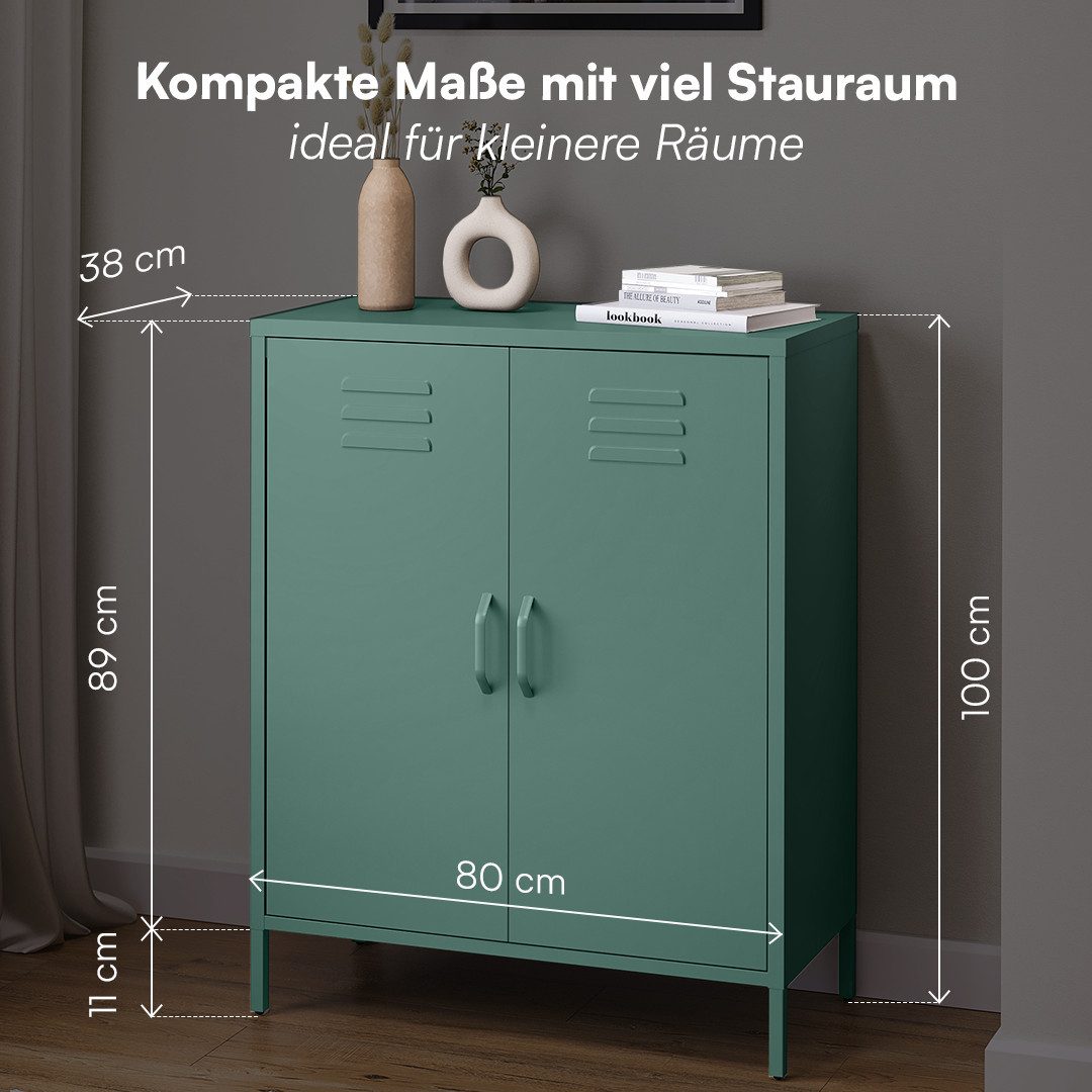 skølm Kommode Atria aus Metall (Dunkelgrün, 3 Fächer), höhenverstellbare Böden, Highboard auch verfügbar mit Schubladen