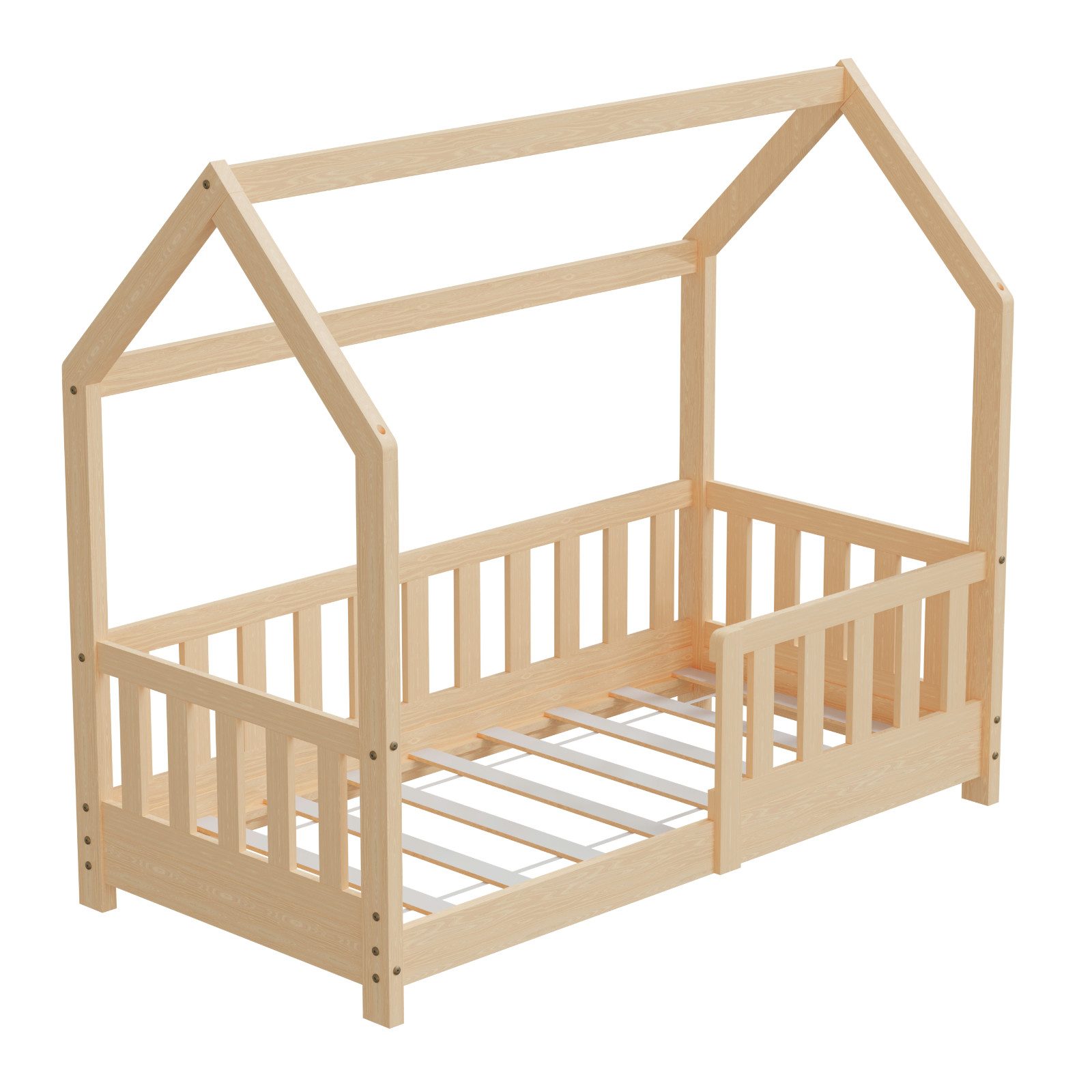 Kinderbett 70x140cm Natur Hausbett Dach Rausfallschutz Massivholz Kiefer Spielbet