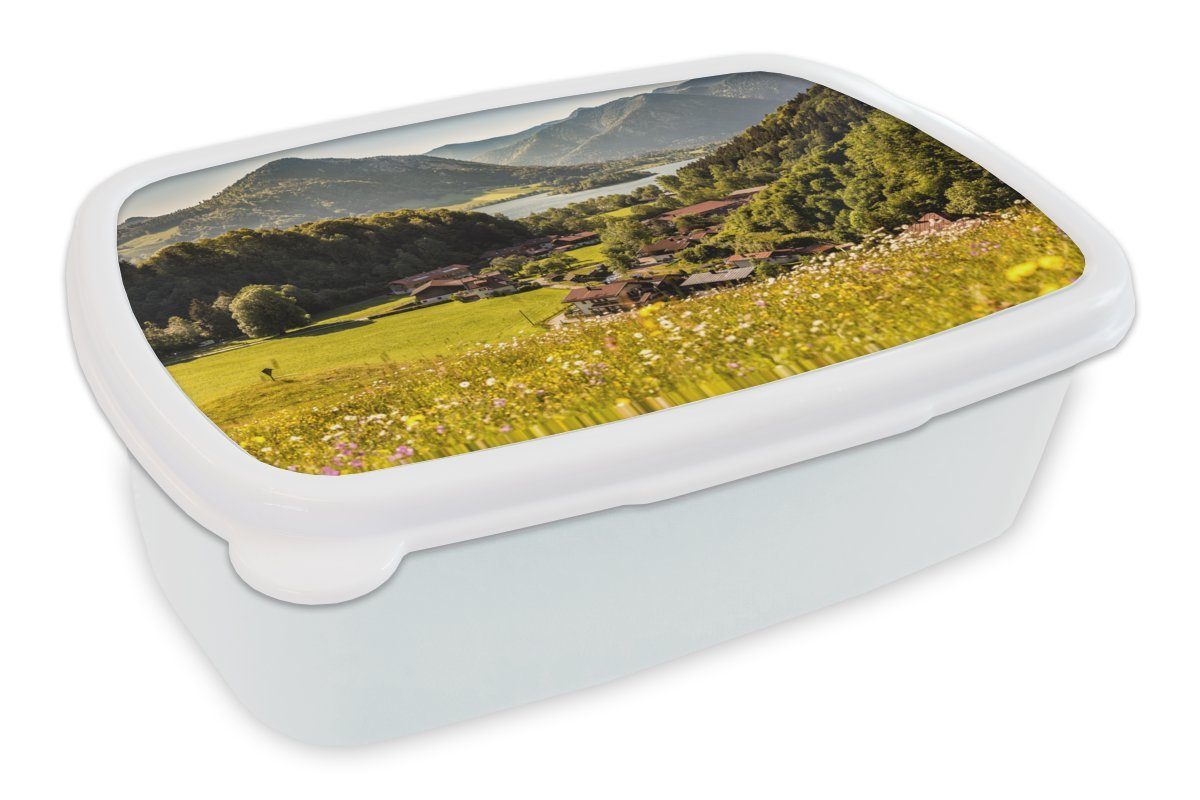 MuchoWow Lunchbox Alpen - Berge für Kunststoff, weiß Brotbox für Mädchen und Jungs Kinder - und Blumenwiese, Erwachsene, (2-tlg), Brotdose