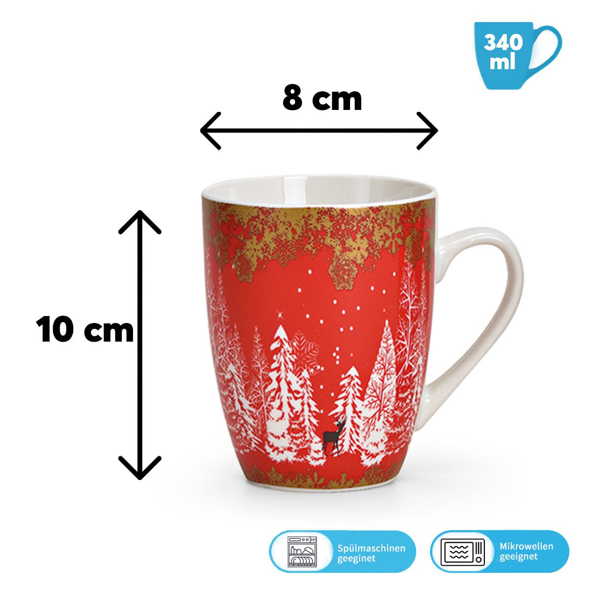 matches21 HOME & HOBBY Tasse Weihnachtstassen 4er Set Skandi Design Wald Hirsche, 4-tlg., Porzellan, Tee Kaffee-Becher, Weihnachten, modern Vintage, rot grün, 340 ml