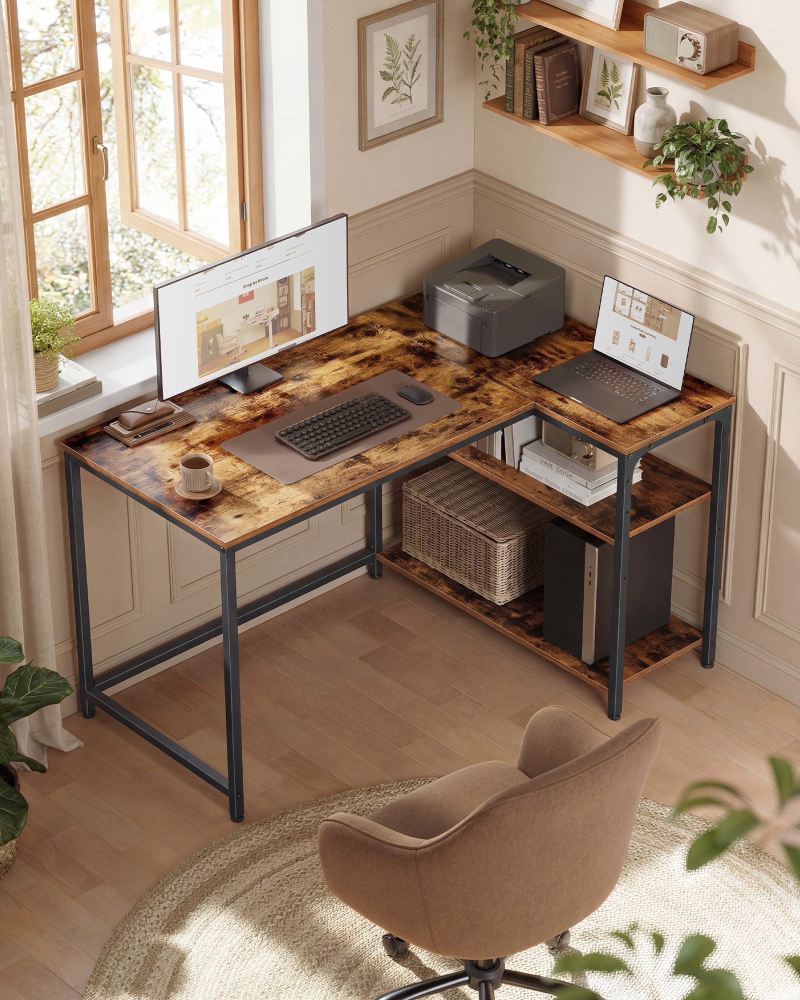 VASAGLE Schreibtisch Eckschreibtisch in L-Form, Computertisch mit Stauraum, Bürotisch, höhenverstellbare Ablage, für Homeoffice, 110/120 cm