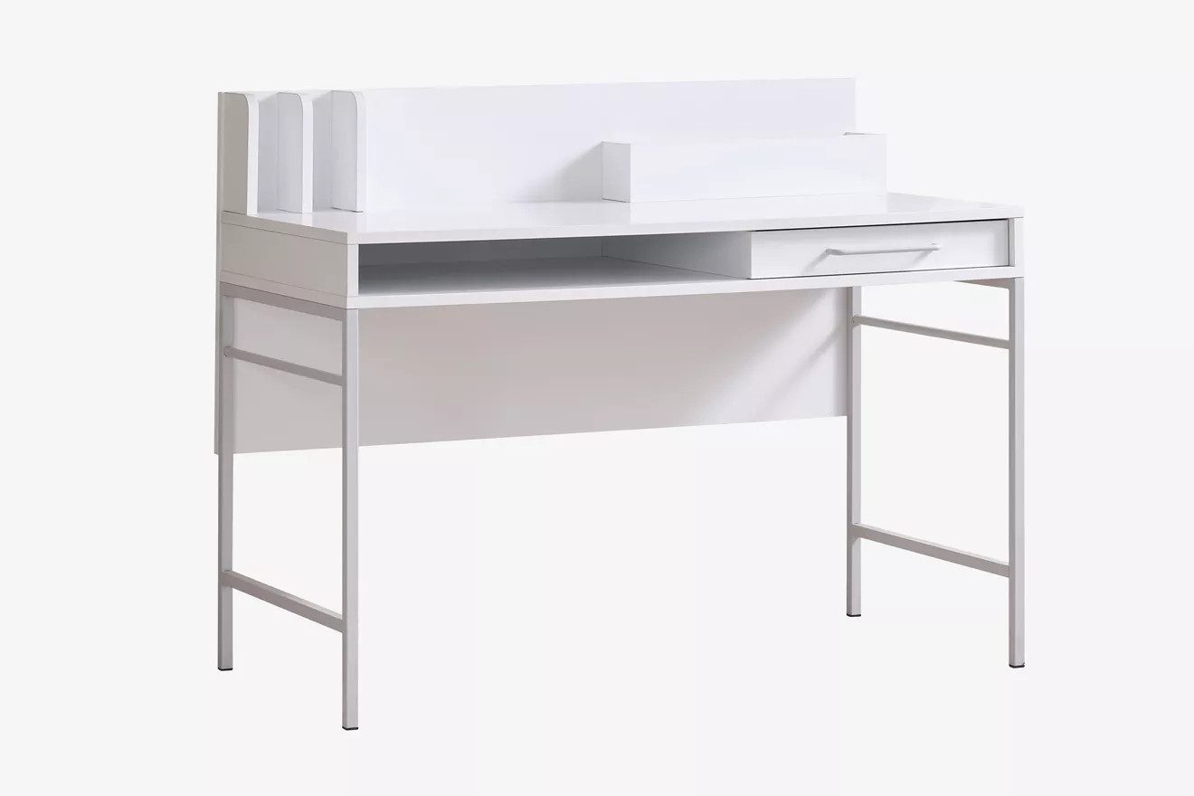 Möbel-Zeit Schreibtisch LIKYA – Weiß – Mit erhöhter Rückwand, Schublade & offenem Fach