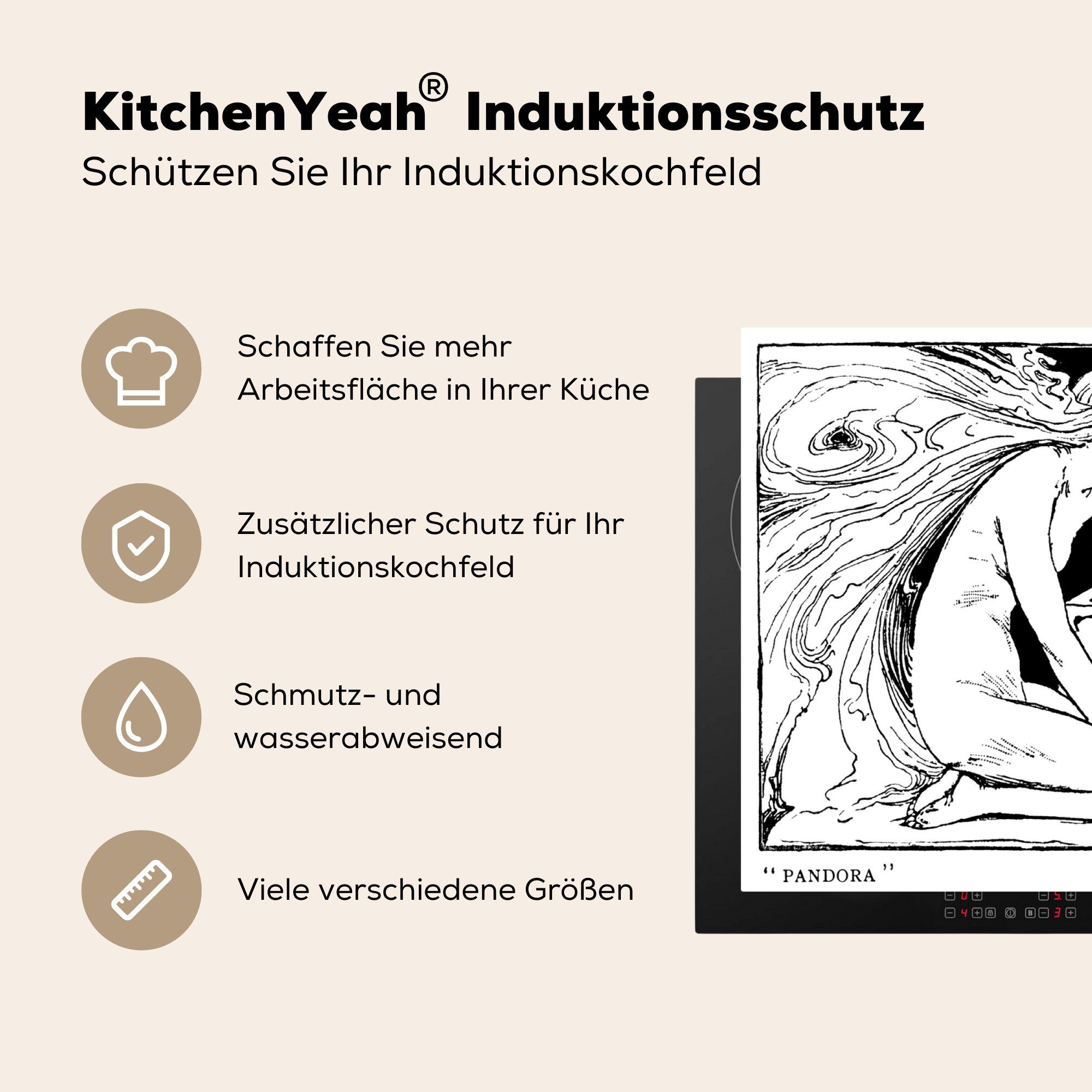 (1 cm, tlg), Eine Vinyl, für Herdblende-/Abdeckplatte schwarz-weiße der Pandora, Arbeitsplatte der 83x51 Büchse MuchoWow Illustration küche Ceranfeldabdeckung,